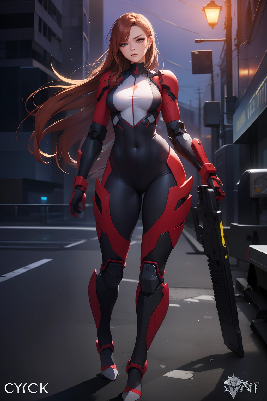 tmasterpiece， High- sharpness， high high quality， 详细的脸， detailed body render，Angry face,Exoskeleton mech， Mobile armor,rubbery,Red and black corsets,Yellow beam,collars，NSFW,((Best quality, 8K, Masterpiece:1.3))), Clear focus: 1.2、Armed accessories，arma，battle garment，Gradient redhead，(layer cut, Big:1.2),Beautiful woman with perfect figure: 1.4、Slender abs:1.2、Wet body:1.5、Highly detailed face and skin texture、Detailed eyes、Double eyelids,Long hair,Zhuzeshegi,character  design。cyber punk perssonage