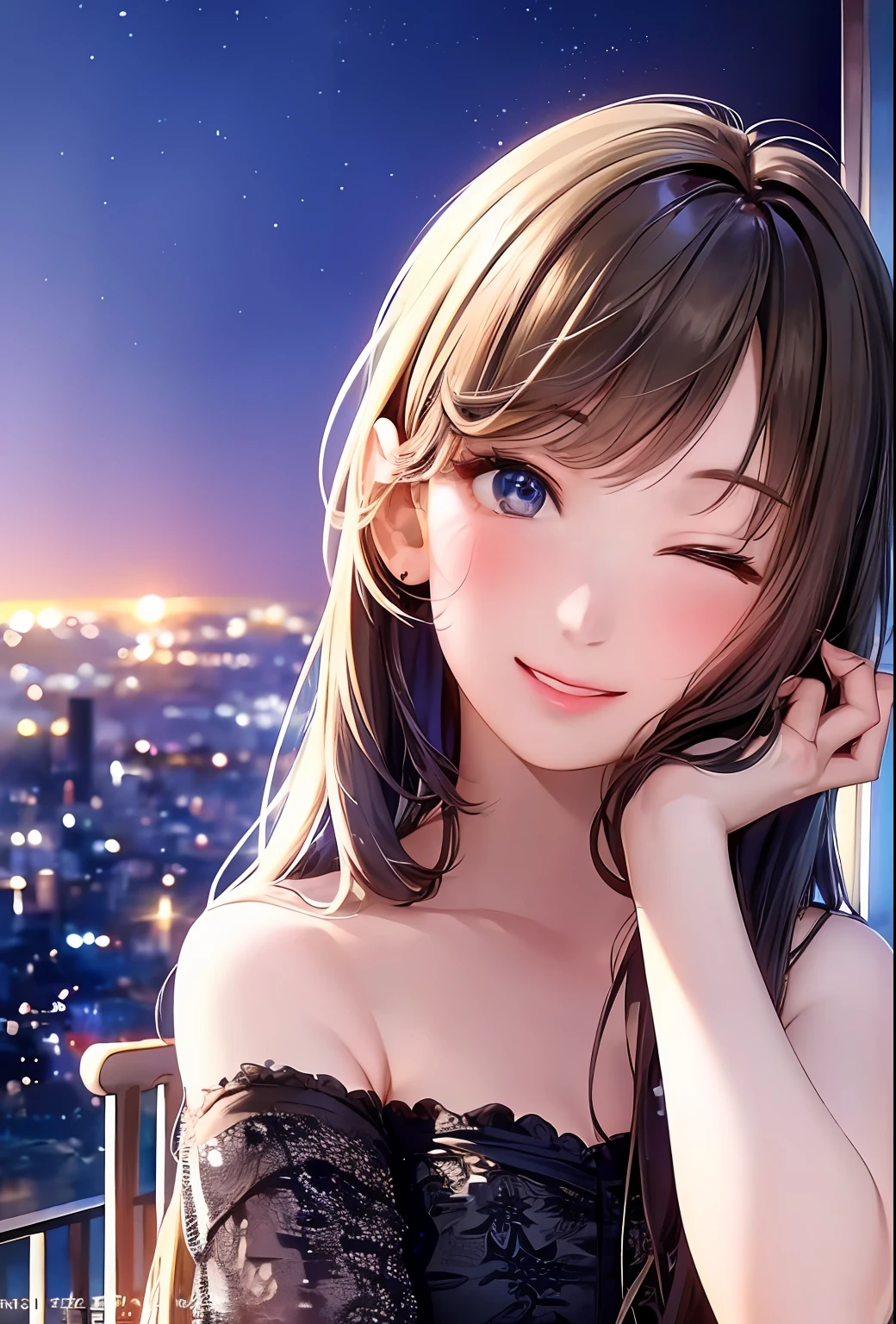 (8k, top quality, masterpiece: 1.2), (realistic, photorealistic: 1.37), super detailed, girl single, cute, solo, midnight, beautiful detailed sky, detailed café, sitting, date, (blush), (smile: 1.15), small breasts (mouth closed), beautiful fine eyes, floating hair NovaFrogStyle, back open dress