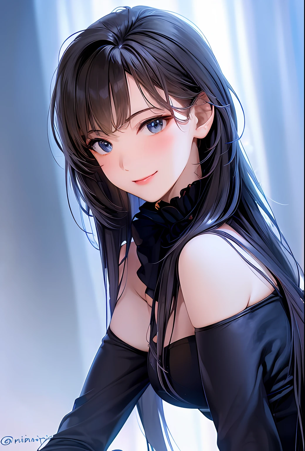 (8k, top quality, masterpiece: 1.2), (realistic, photorealistic: 1.37), super detailed, girl single, cute, solo, midnight, beautiful detailed sky, detailed café, sitting, date, (blush), (smile: 1.15), small breasts (mouth closed), beautiful fine eyes, floating hair NovaFrogStyle, back open dress
