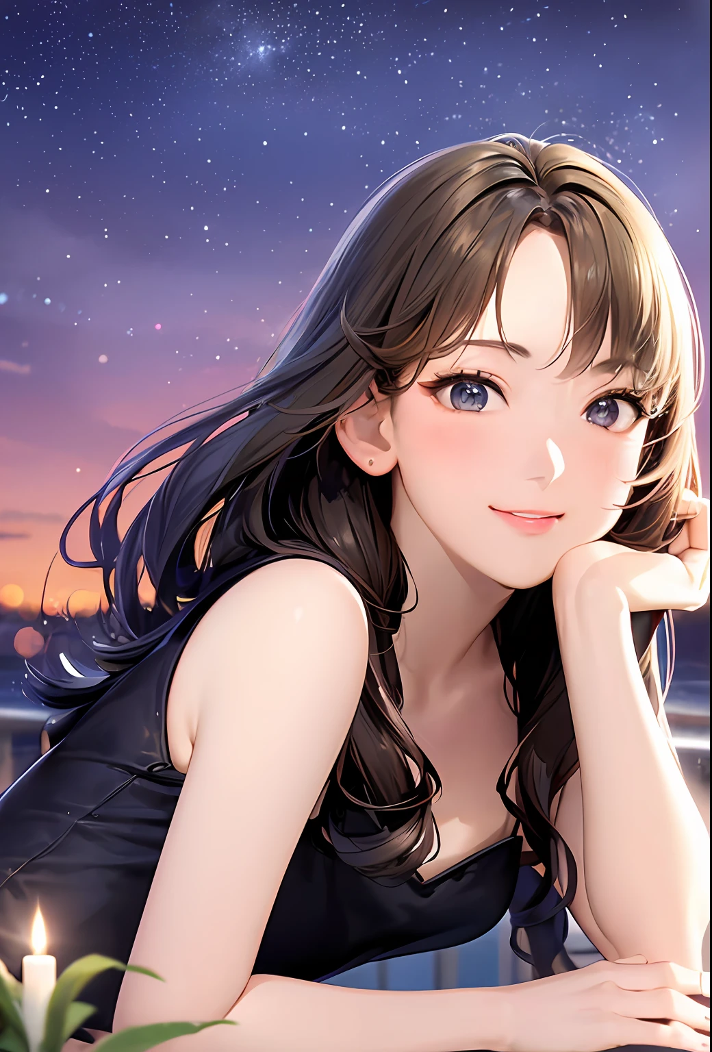 (8k, top quality, masterpiece: 1.2), (realistic, photorealistic: 1.37), super detailed, girl single, cute, solo, midnight, beautiful detailed sky, detailed café, sitting, date, (blush), (smile: 1.15), small breasts (mouth closed), beautiful fine eyes, floating hair NovaFrogStyle, back open dress