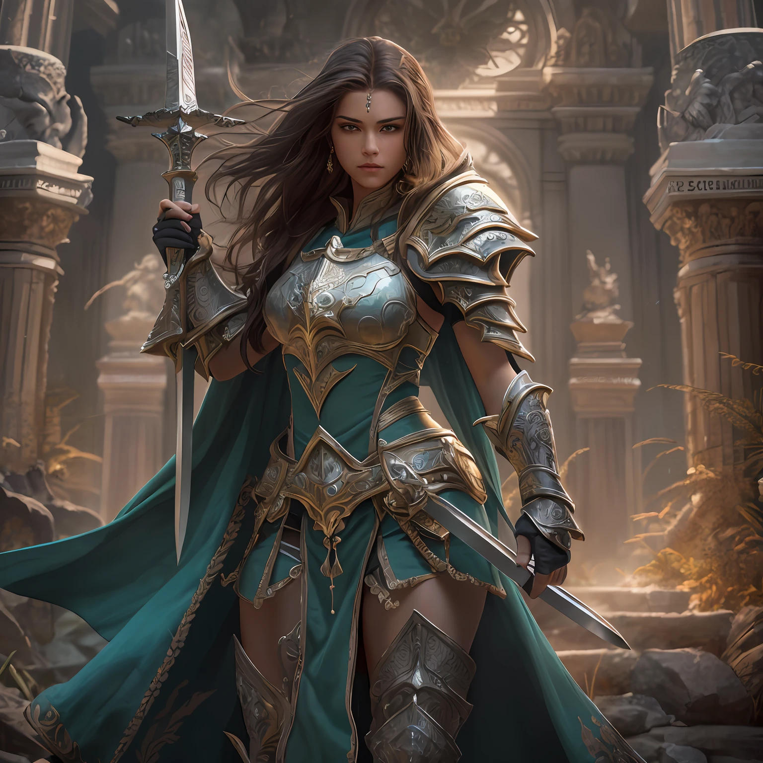 arafed, high details, best quality, 8k, [ultra detailed], masterpiece, best quality, (extremely detailed), dynamic angle, ultra wide shot, RAW, photorealistic, fantasy art, dnd art, rpg art, realistic art, a picture of  female human holy warrior,  warrior of god, full body, ultra detailed face [[anatomically correct]] dynamic position (1.5 intricate details, Masterpiece, best quality) in dark fantasy cemetery (1.5 intricate details, Masterpiece, best quality), woman wearing bright armor, heavy armor (1.4 intricate details, Masterpiece, best quality), armed with radiant sword (1.3, masterpiece), purple cloak (1.3, masterpiece) holy symbol with [bright aura] (1.4), long hair, dark hair, green eyes intense eyes, dark cemetery background (1.5 intricate details, Masterpiece, best quality) dread atmosphere (1.6),  dawn light, divine rays (1.4 intricate details, Masterpiece, best quality), dynamic angle, (1.4 intricate details, Masterpiece, best quality) 3D rendering, high details, best quality, highres, ultra wide angle@EG1