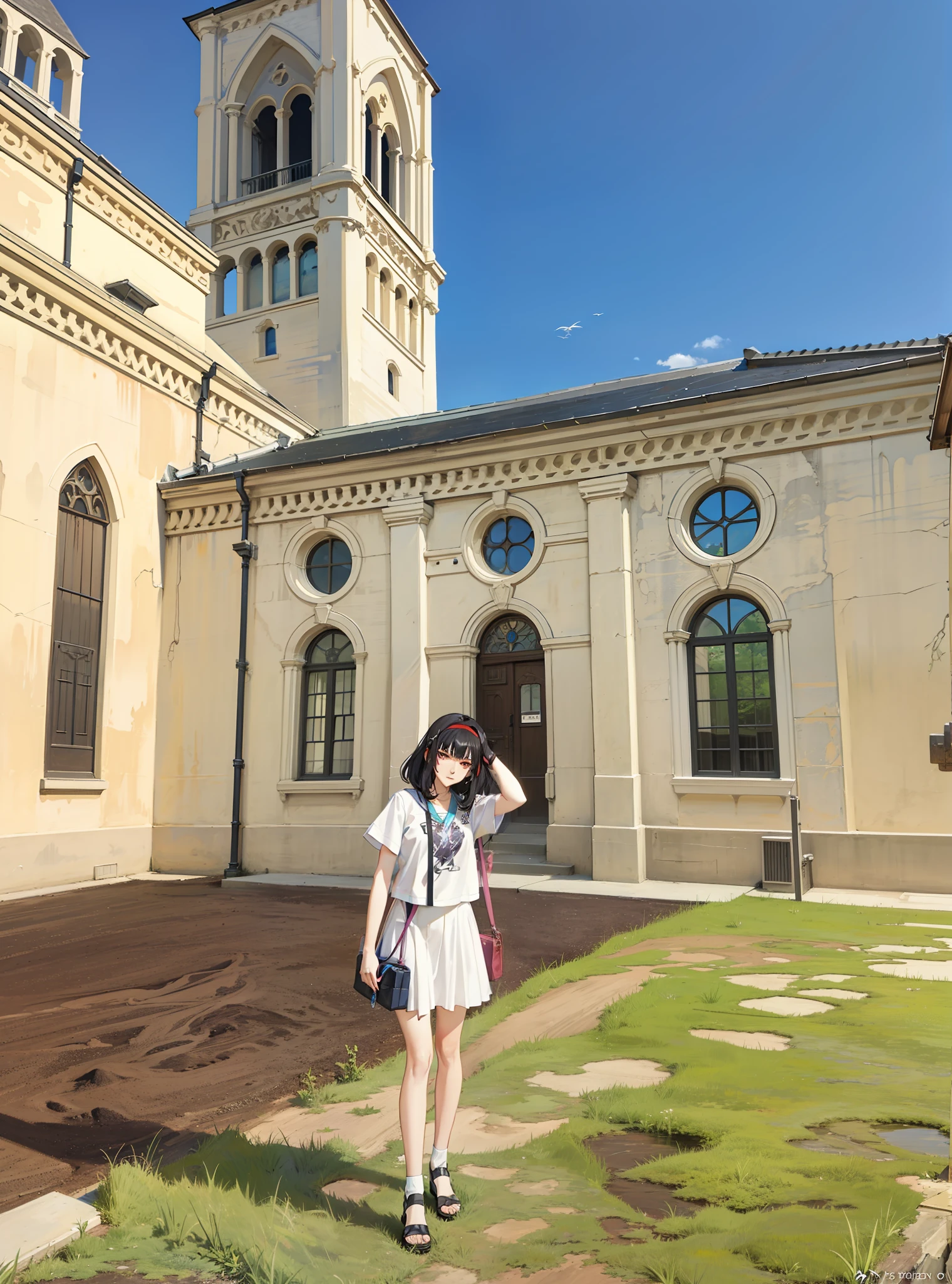 Girl standing in front of a building with a bell tower, On a sunny day, Sunny day, Church in the background, on a bright day, standing near a castle, In sunny weather, on a bright day, Old monastery in the background, behind her a gothic cathedral, with backdrop of god rays, cathedral in the background, Corrects raycasting and shadows,((best qualtiy)), ((tmasterpiece)), (highly detailed:1.3), hdr(HighDynamicRange), Ray traching, NVIDIA RTX, Hyper-Resolution, Unreal 5, sub surface scattering, PBR textures,Anisotropic filtering, MAXIMUM DEFINITION, Many-Layer Textures, Albedo e mapas Speculares, Surface coloring, Accurate simulation of light-material interactions, perfectly proportions,Ultimate detail, style of anime4 K, anime styled digital art, Anime style. 8K, Anime style artwork, Digital anime art, Anime art style, Anime style mixed with Fujifilm, Beautiful anime artwork, anime style digital art
