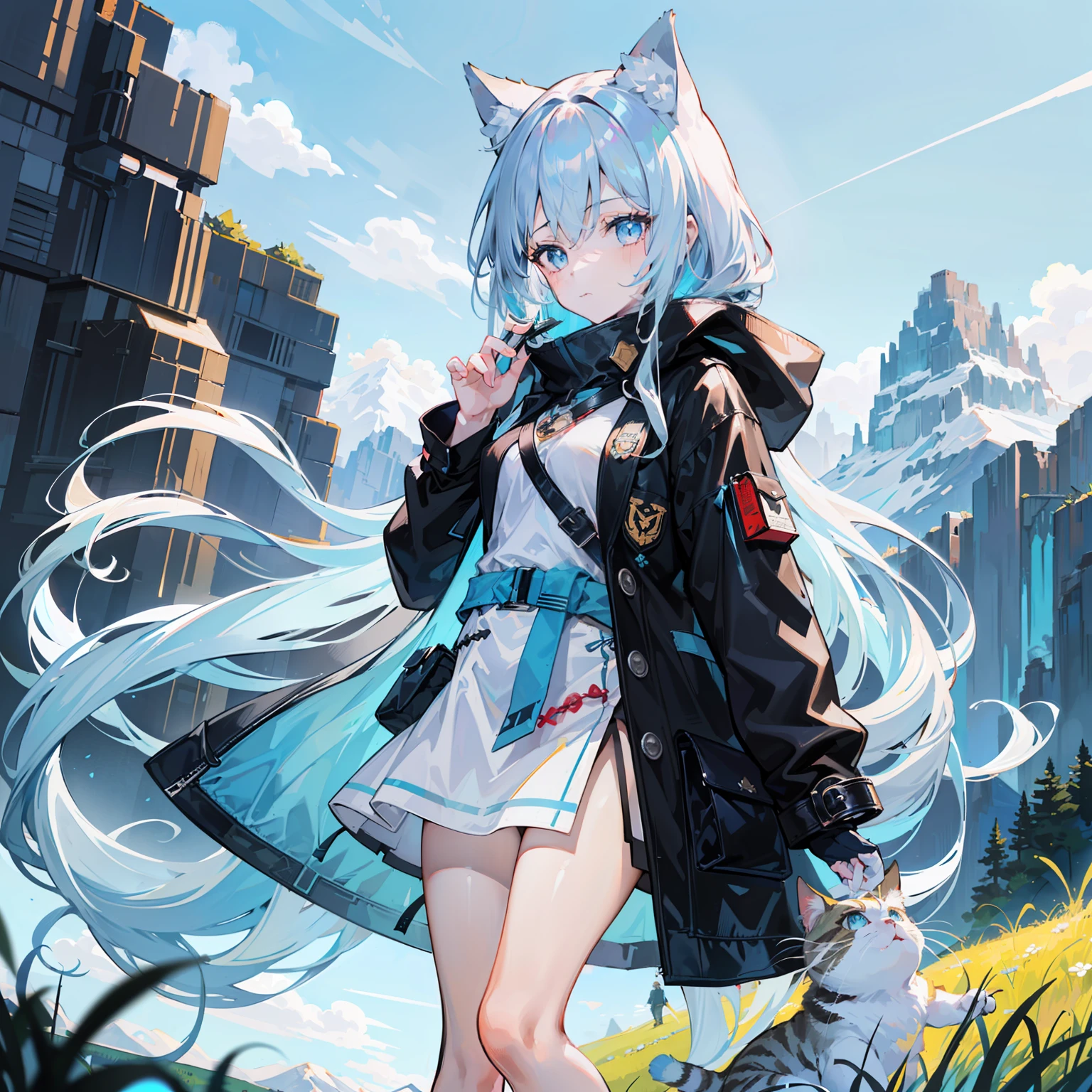 masutepiece,Best Quality,ultra-detailliert,Two hands,5 digits,best faces,(one girl:2),(Sky Blue Long Hair:1.8),straight hair,timid,Cat ears,pale blue eyes,Small breasts,setting off,grass field,Mountains in the distance,Clear,Waist Pouch,black coat