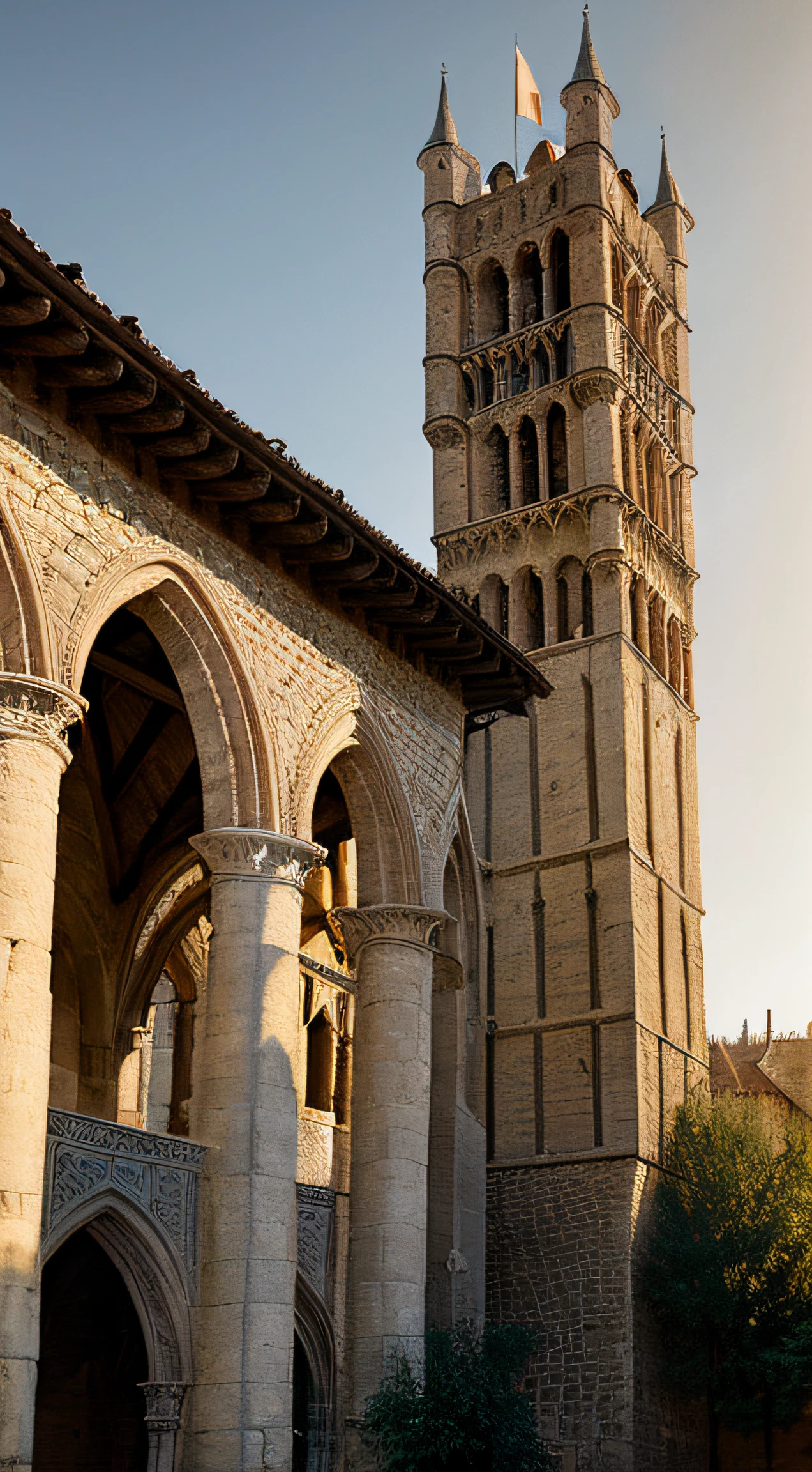 close up depiction of a medieval romanesque tower designed by Leonardo da Vinci, octagonal, exterior, medieval romanesque architecture, in a big medieval city, (backlighting), realistic, masterpiece, highest quality, lens flare, shade, bloom, [[chromatic aberration]], by Jeremy Lipking, by Antonio J. Manzanedo, digital painting