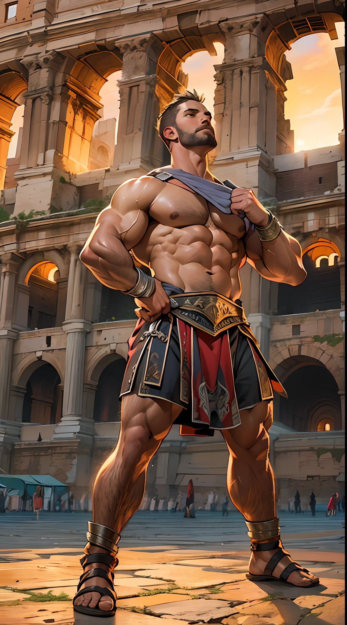 Mighty gladiator, chest uncovered, lower body revealed from thighs to feet, cascading long curls, detailed muscular physique, lifelike depiction, 4K resolution. Background: Colosseum during a spectacular sunset,32k uhd, best quality, masterpiece, super detail, high details