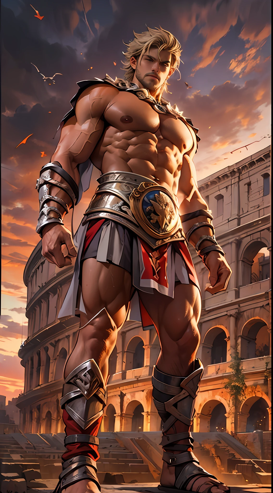 Mighty gladiator, chest uncovered, lower body revealed from thighs to feet, cascading long curls, detailed muscular physique, lifelike depiction, 4K resolution. Background: Colosseum during a spectacular sunset,32k uhd, best quality, masterpiece, super detail, high details