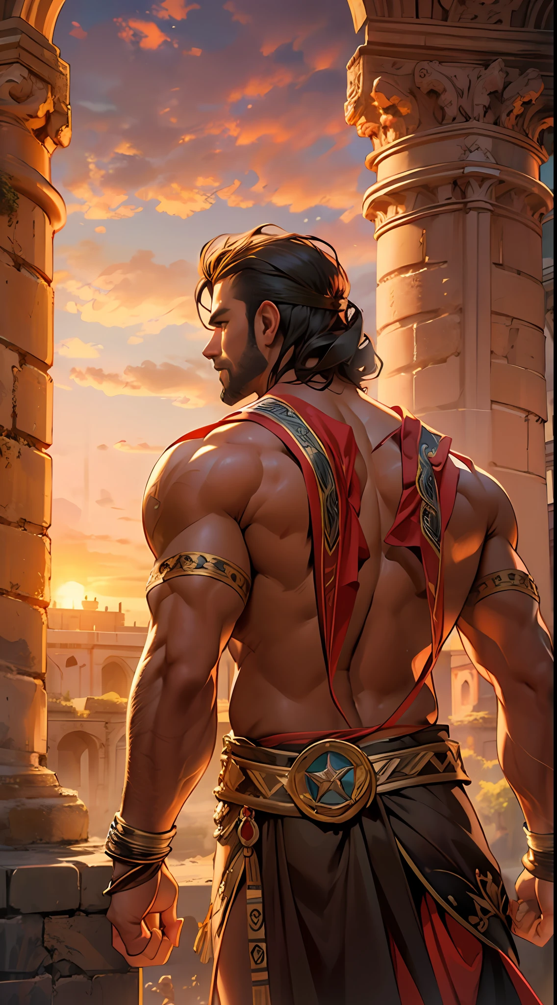 Mighty gladiator, chest uncovered, lower body revealed from thighs to feet, cascading long curls, detailed muscular physique, lifelike depiction, 4K resolution. Background: Colosseum during a spectacular sunset,32k uhd, best quality, masterpiece, super detail, high details