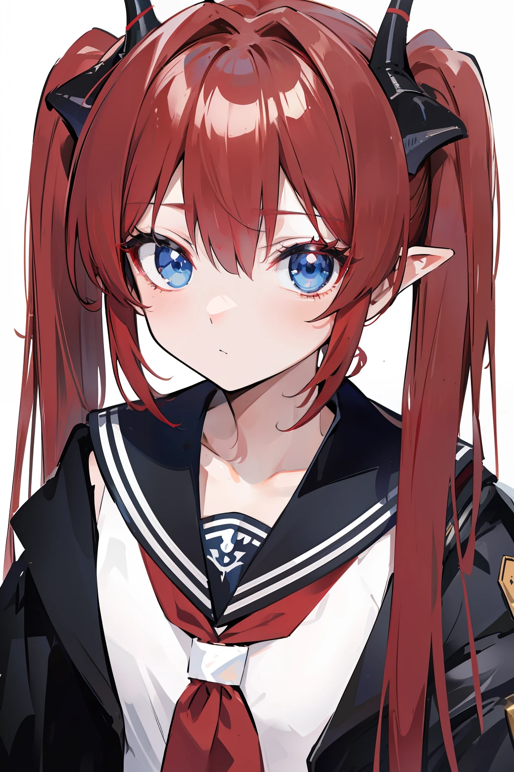 red hair, blue eyes, twintails,Sailor suit,Dragon horns,coat,red Pleated skirt,solo,1girl, arknights, long hair, loli,