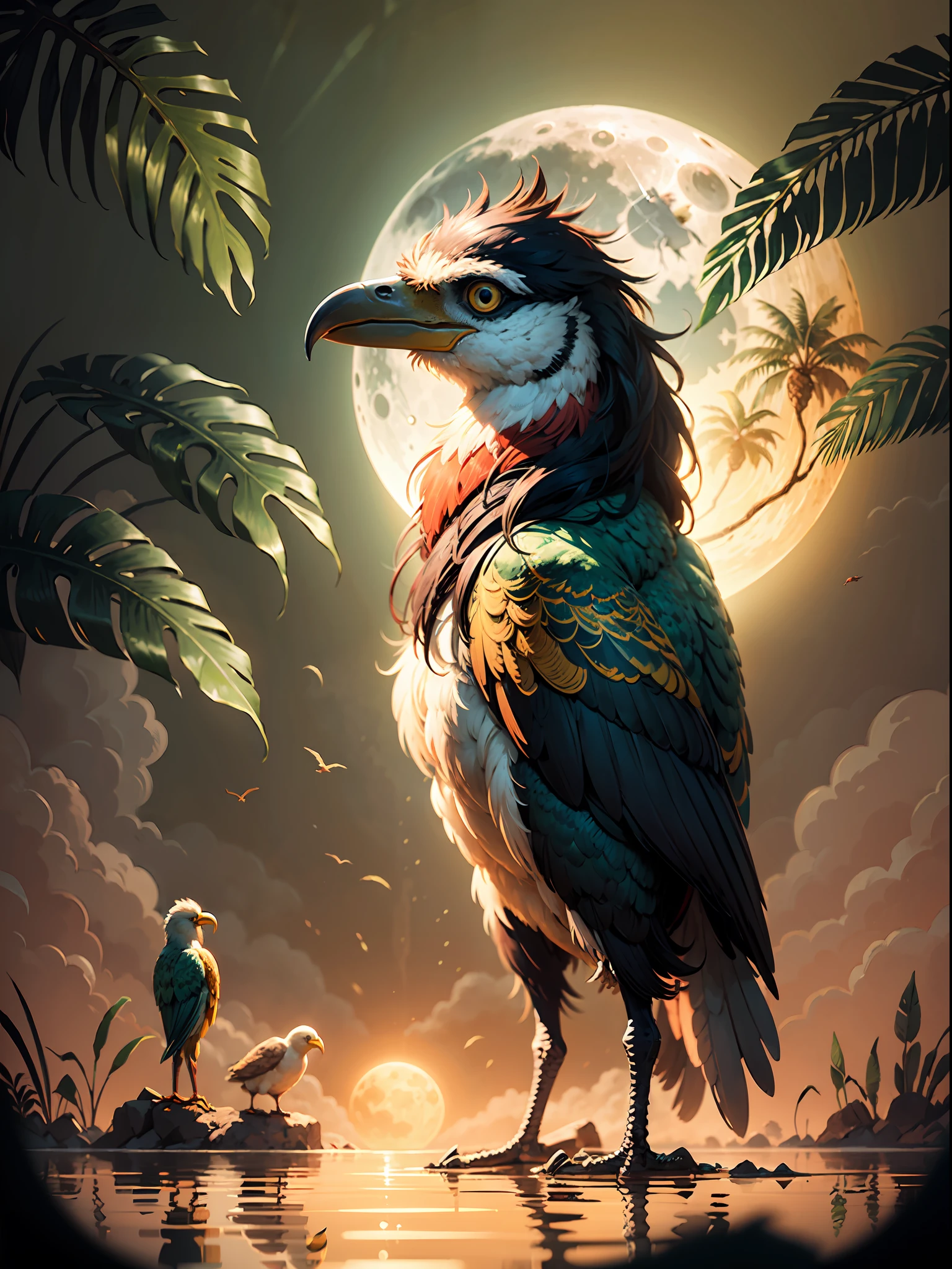 water and a big bird standing in the evening setting for full moon, in the style of apocalyptic collage, dark orange and red, editorial illustrations, mysterious jungle, retro filters, kubisi art, vibrant use of light and shadow --ar 51:91 --q 2 --s 750 --style raw