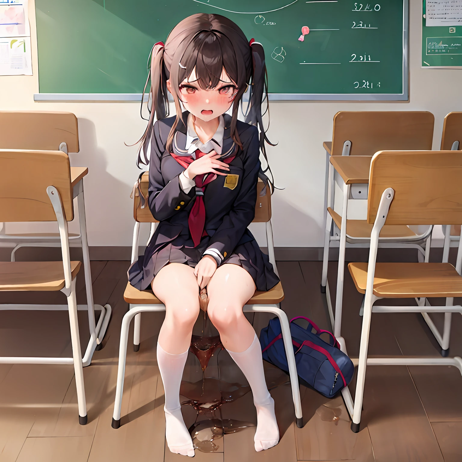 {{{{pee}}}, {{{{pee leaked}}}}, {{{pee in panties}}}, hold the crotch, girl, teen, damp, steam, panicked, classroom, school uniform, woman, Because she needs to pee, she can't sit still, loli