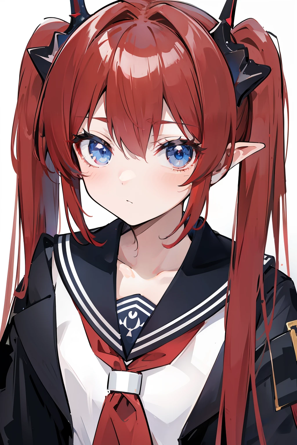 red hair, blue eyes, twintails,Sailor suit,Dragon horns,coat,red Pleated skirt,solo,1girl, arknights, long hair, ,