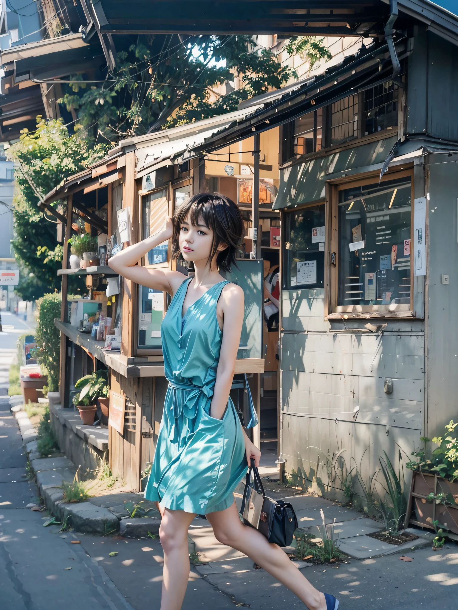 Anime girl in blue dress walking down the street in front of the restaurant, in the style of makoto shinkai, Shinkai Makoto style, makoto shinkai art style, Makoto Shinkai's style, ( ( Makoto Shinkai ) ), Anime style mixed with Fujifilm, Makoto Shinkai. A digital rendering,With two empty hands