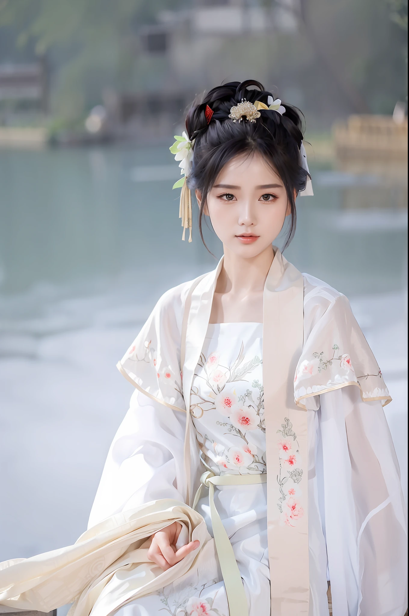 arafed woman in a white dress and a white shawl, hanfu, white hanfu, palace , a girl in hanfu, wearing ancient chinese clothes, traditional chinese clothing, with acient chinese clothes, chinese costume, ancient chinese princess, chinese style, chinese princess, traditional chinese, ancient asian dynasty princess, wearing a luxurious silk cloak, wearing ornate silk clothes