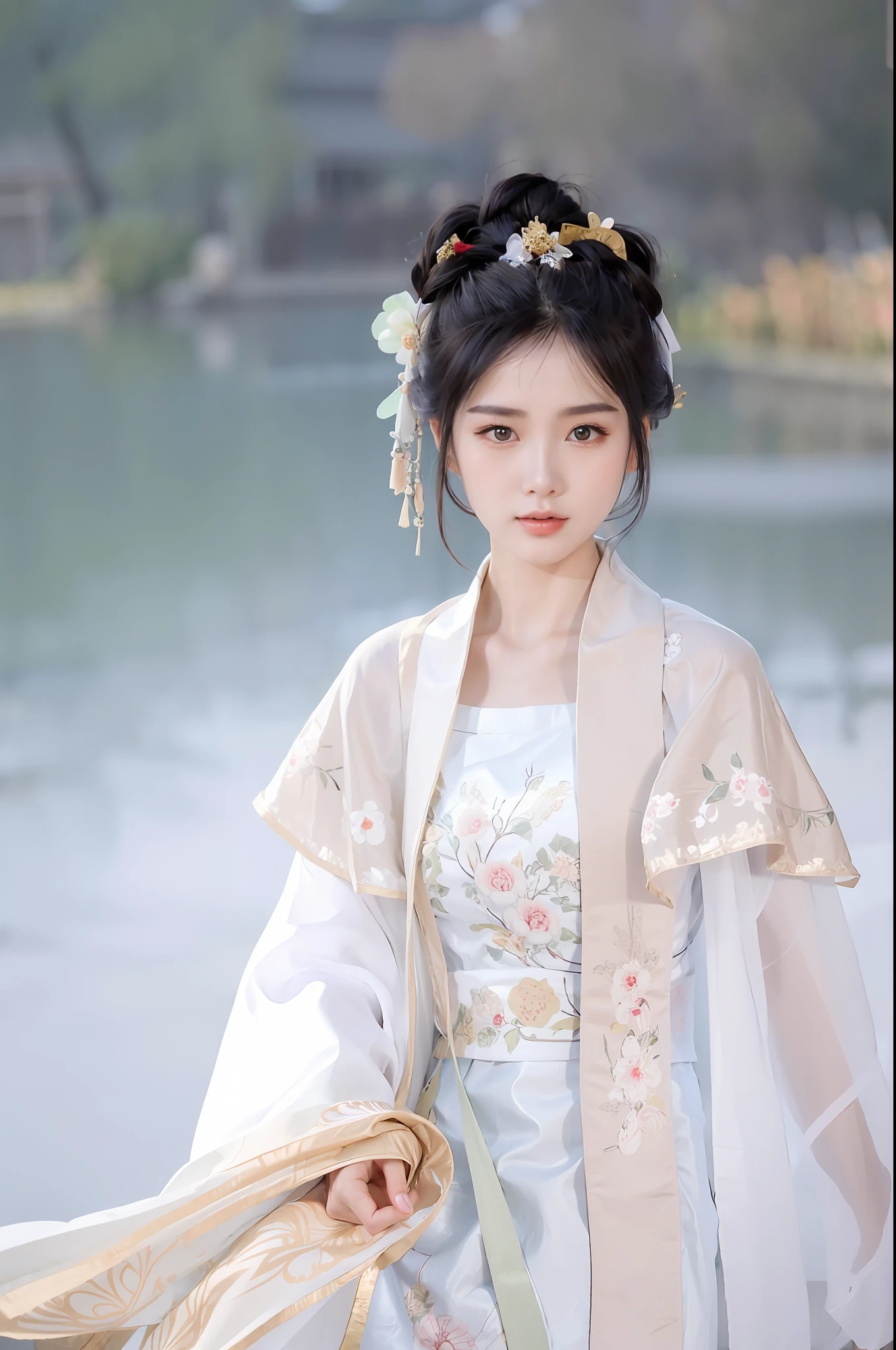 arafed woman in a white dress and a white shawl, hanfu, white hanfu, palace , a girl in hanfu, wearing ancient chinese clothes, traditional chinese clothing, with acient chinese clothes, chinese costume, ancient chinese princess, chinese style, chinese princess, traditional chinese, ancient asian dynasty princess, wearing a luxurious silk cloak, wearing ornate silk clothes