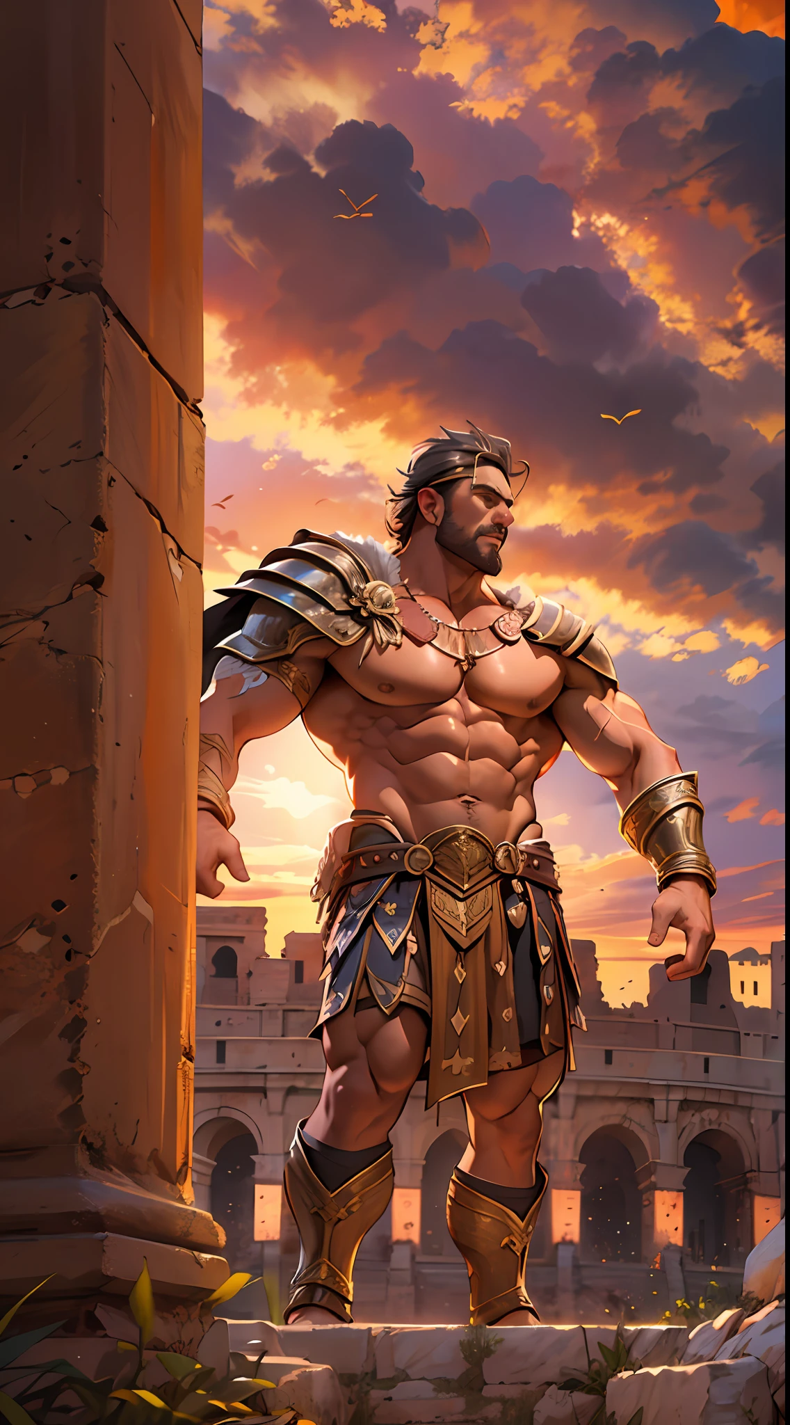 Mighty gladiator, chest uncovered, lower body revealed from thighs to feet, cascading long curls, detailed muscular physique, lifelike depiction, 4K resolution. Background: Colosseum during a spectacular sunset,32k uhd, best quality, masterpiece, super detail, high details