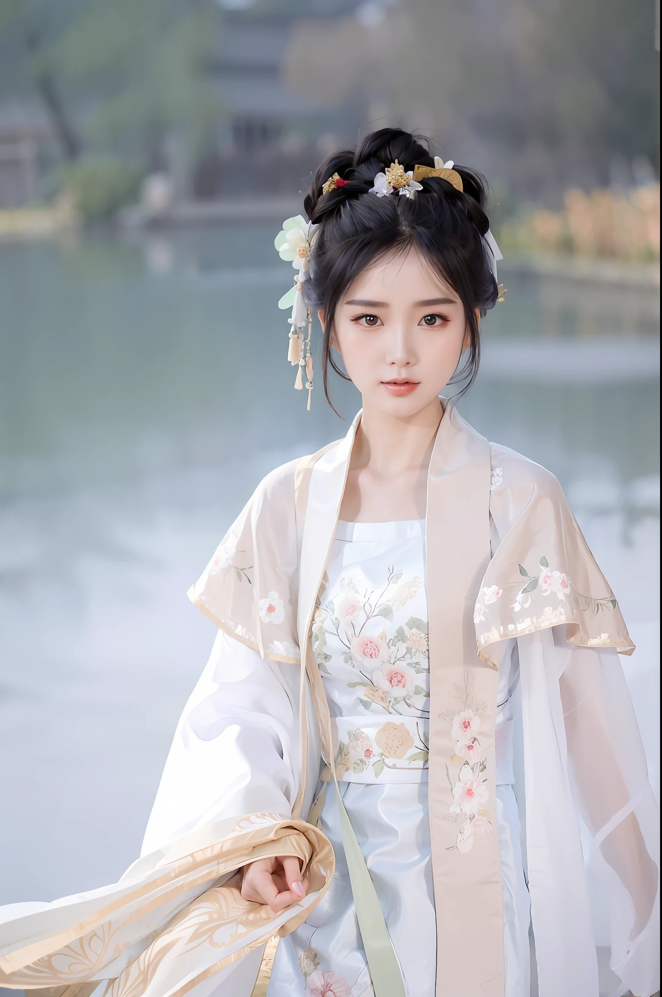 arafed woman in a white dress and a white shawl, hanfu, white hanfu, palace , a girl in hanfu, wearing ancient chinese clothes, traditional chinese clothing, with acient chinese clothes, chinese costume, ancient chinese princess, chinese style, chinese princess, traditional chinese, ancient asian dynasty princess, wearing a luxurious silk cloak, wearing ornate silk clothes