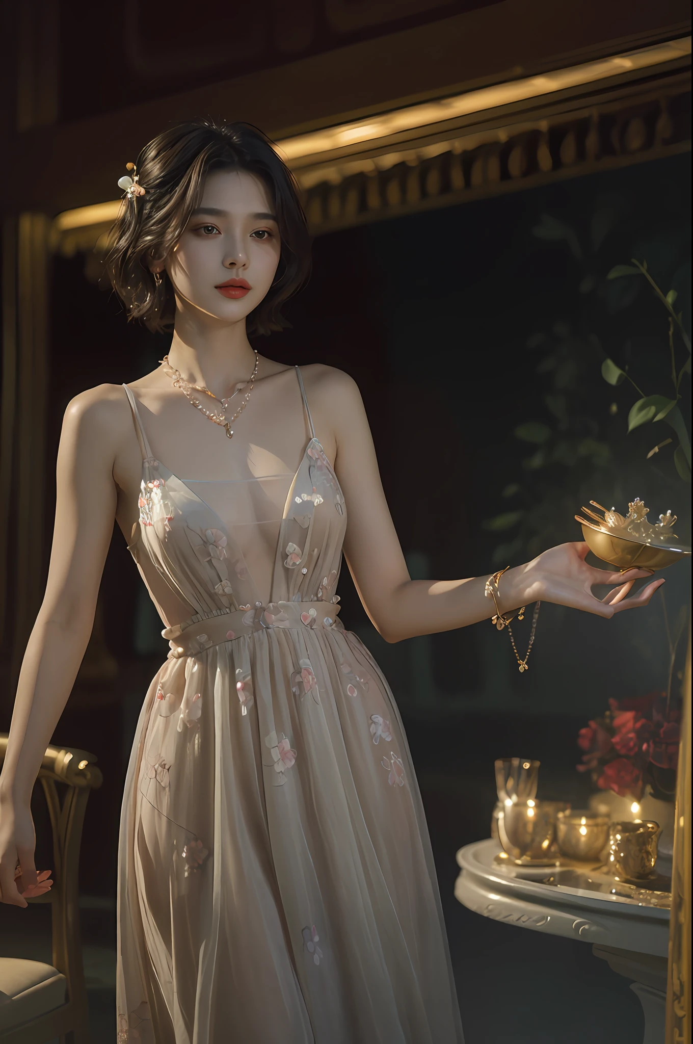 top-quality、masterpiece、超A high resolution、(Photorealsitic:1.5)、Raw foto、1girl in、murky、deep-shadows、Unobtrusive、cold light、sexy appearance、shorth hair、((very_short_hair))、((Luxury evening dresses))、((Luxurious painting))、((Luxurious necklace))、((Floral hair ornament))、((hair ornament))