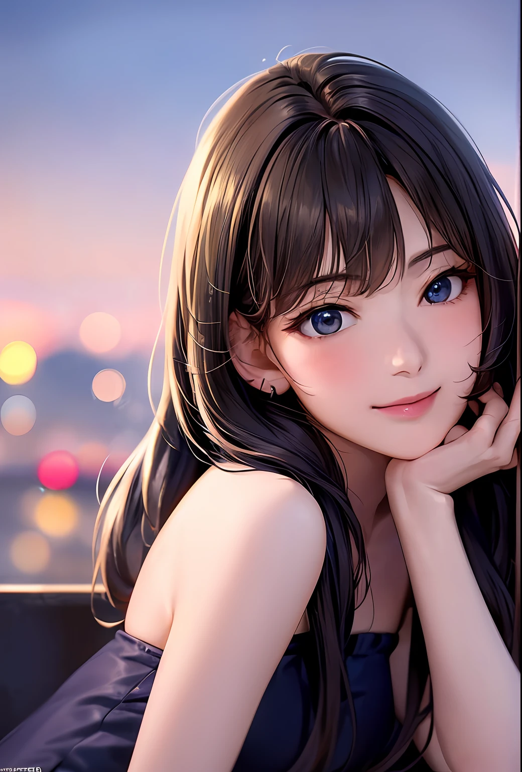 (8k, top quality, masterpiece: 1.2), (realistic, photorealistic: 1.37), super detailed, girl single, cute, solo, midnight, beautiful detailed sky, detailed café, sitting, date, (blush), (smile: 1.15), small breasts (mouth closed), beautiful fine eyes, floating hair NovaFrogStyle, back open dress