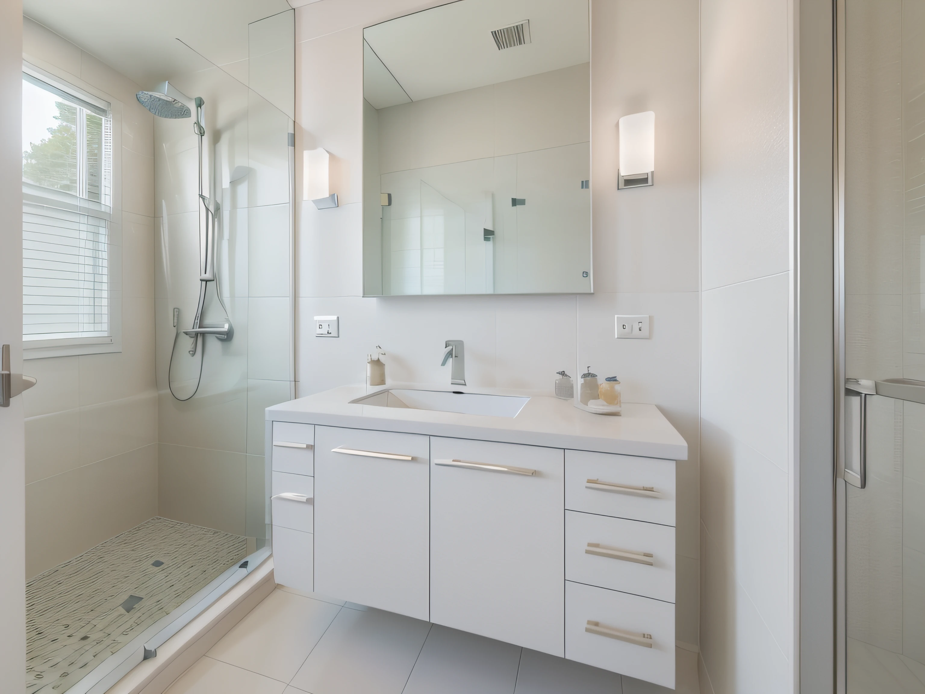 High-detail RAW color photography, Bathroom in a modern style, (higly detailed, hyper-detailing), particle fx, ray traced, 电影灯光, Shallow depth of field, photographed with Sony a9 II, 50mm wide angle lens, sharp-focus
