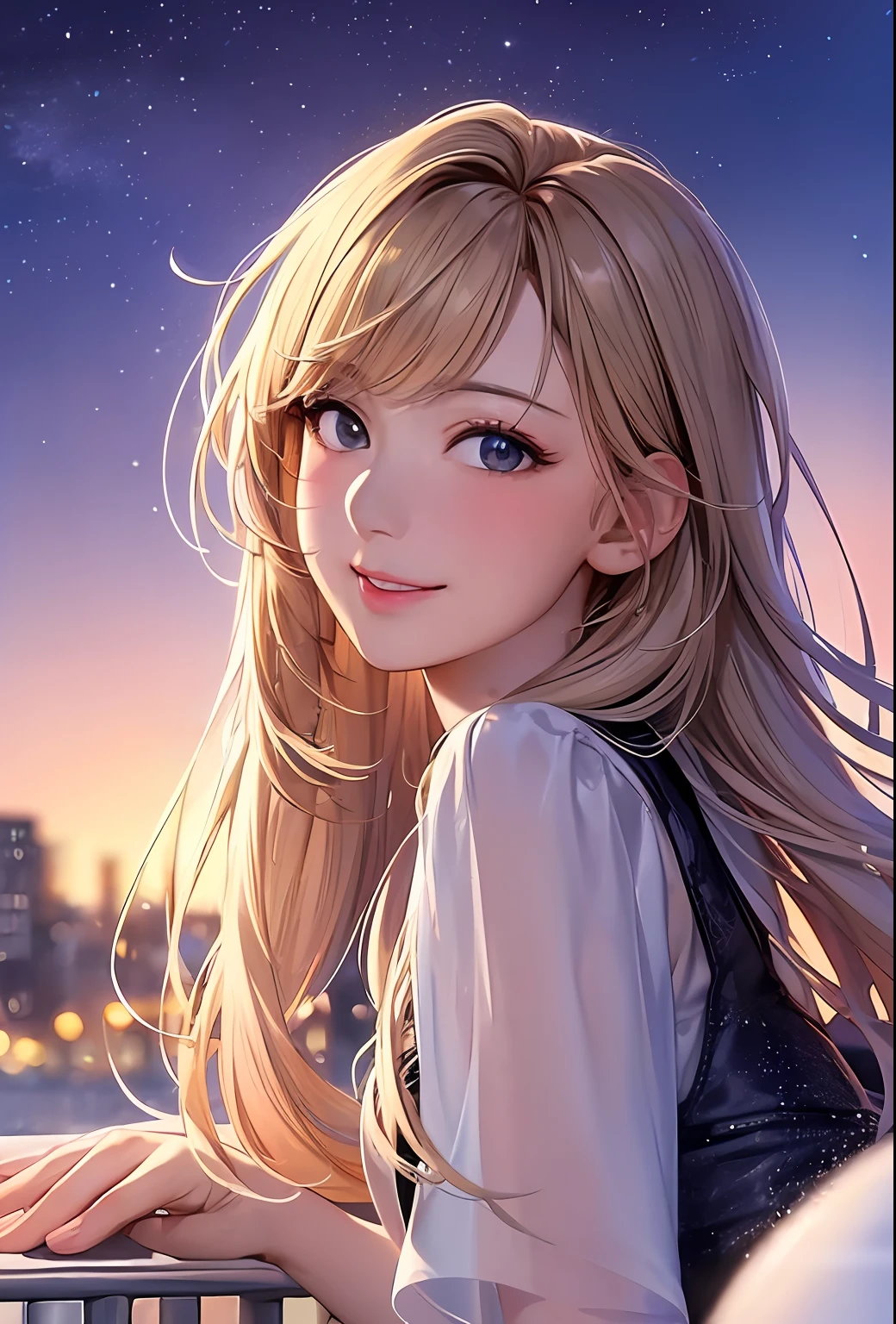 (8k, top quality, masterpiece: 1.2), (realistic, photorealistic: 1.37), super detailed, girl single, cute, solo, midnight, beautiful detailed sky, detailed café, sitting, date, (blush), (smile: 1.15), small breasts (mouth closed), beautiful fine eyes, floating hair NovaFrogStyle, back open dress