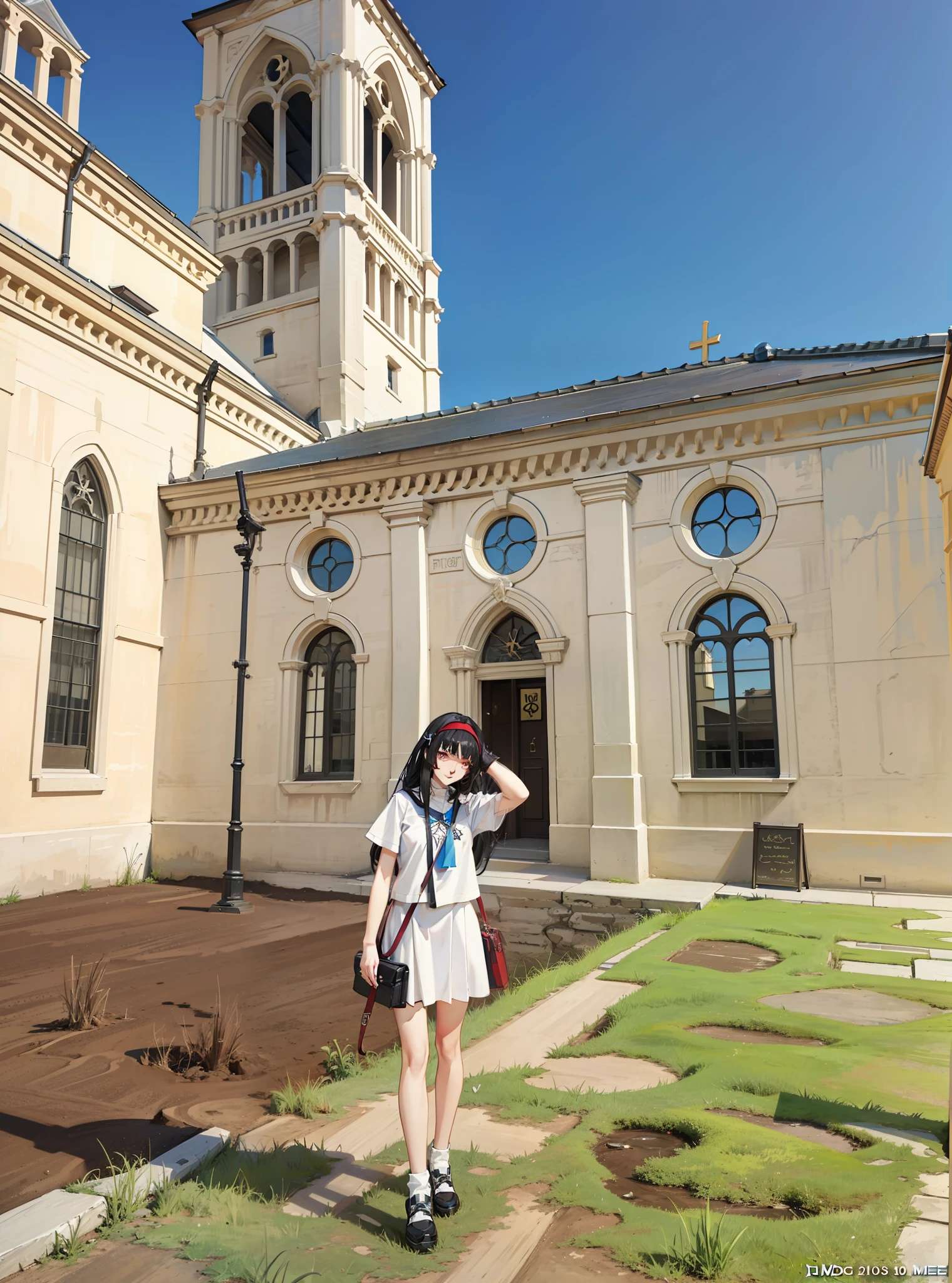 Girl standing in front of a building with a bell tower, On a sunny day, Sunny day, Church in the background, on a bright day, standing near a castle, In sunny weather, on a bright day, Old monastery in the background, behind her a gothic cathedral, with backdrop of god rays, cathedral in the background, Corrects raycasting and shadows,((best qualtiy)), ((tmasterpiece)), (highly detailed:1.3), hdr(HighDynamicRange), Ray traching, NVIDIA RTX, Hyper-Resolution, Unreal 5, sub surface scattering, PBR textures,Anisotropic filtering, MAXIMUM DEFINITION, Many-Layer Textures, Albedo e mapas Speculares, Surface coloring, Accurate simulation of light-material interactions, perfectly proportions,Ultimate detail, style of anime4 K, anime styled digital art, Anime style. 8K, Anime style artwork, Digital anime art, Anime art style, Anime style mixed with Fujifilm, Beautiful anime artwork, anime style digital art