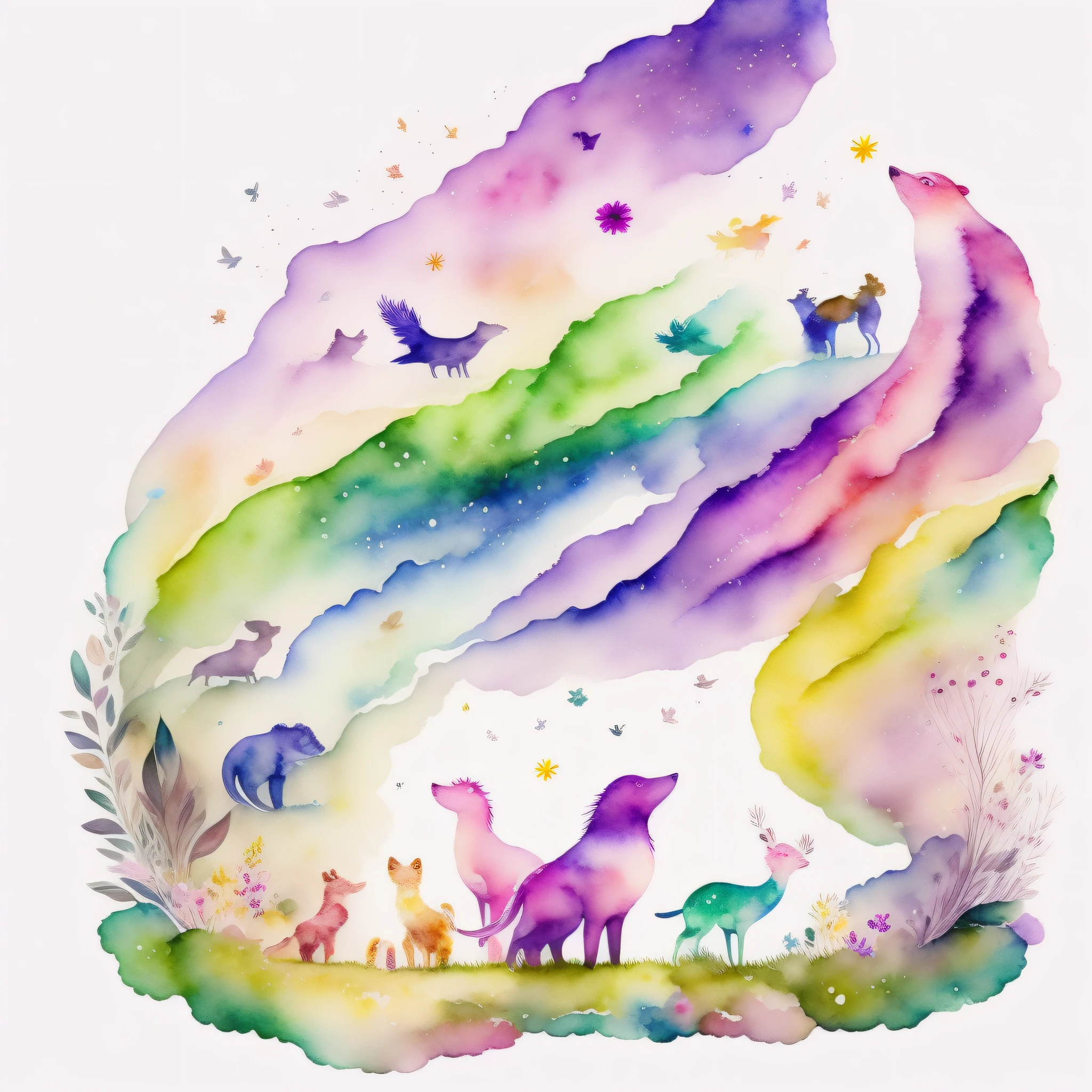 watercolor paiting、Multiple animals、Full of animals、Animals and stars、rzminjourney、vector-art、white backgrounid、central、shuicolor pink there, Yellow and purple、verdant、springtime、Beautiful fece、Beautiful、Attracted by the wind、