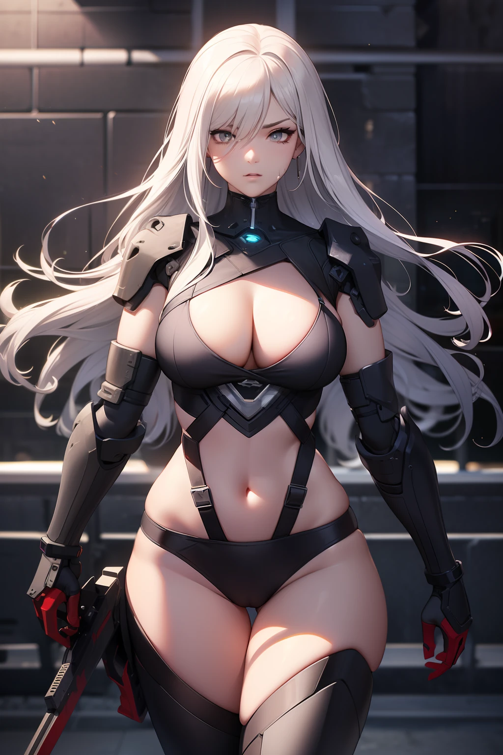 tmasterpiece， High- sharpness， high high quality， 详细的脸， detailed body render，Angry face,Exoskeleton mech， Mobile armor,rubbery,red bustier,Yellow beam,collars，NSFW,((Best quality, 8K, Masterpiece:1.3))), Clear focus: 1.2、Armed accessories，arma，battle garment，Gradient gray hair，(layer cut, Big:1.2),Beautiful woman with perfect figure: 1.4、Slender abs:1.2、Wet body:1.5、Highly detailed face and skin texture、Detailed eyes、Double eyelids,Long hair,Zhuzeshegi,character  design。cyber punk perssonage