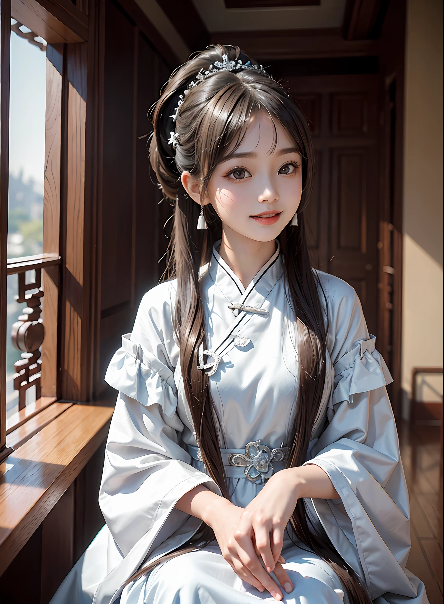 silver and white,chinese palace,1little girl,lily,ponytails,brunette color hair,By bangs,Long chinese dress,flower,9-year-old female model,Princess,Smile,