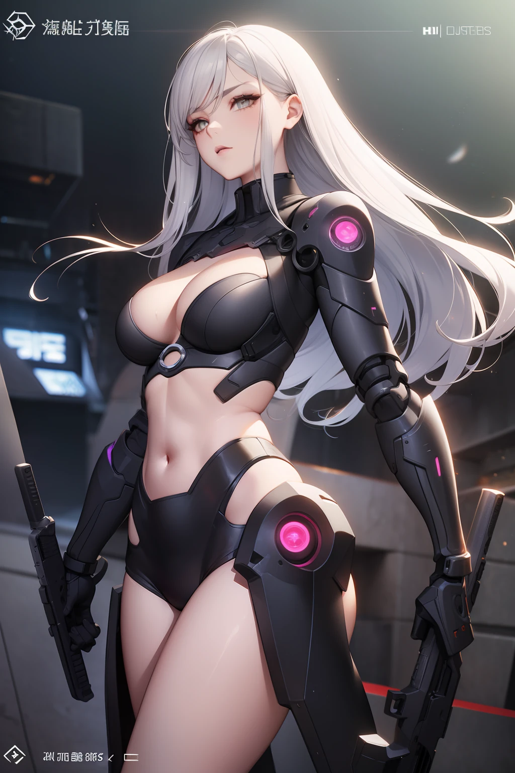 tmasterpiece, High- sharpness, high high quality, 详细的脸, detailed body render,Angry face,Exoskeleton mech, Mobile armor,rubbery,red bustier,Yellow beam,collars,NSFW,((Best quality, 8K, Masterpiece:1.3))), Clear focus: 1.2、Armed accessories,arma,battle garment,Gradient gray hair,(layer cut, Big:1.2),Beautiful woman with perfect figure: 1.4、Slender abs:1.2、Wet body:1.5、Highly detailed face and skin texture、Detailed eyes、Double eyelids,Long hair,Zhuzeshegi,character design。cyber punk perssonage