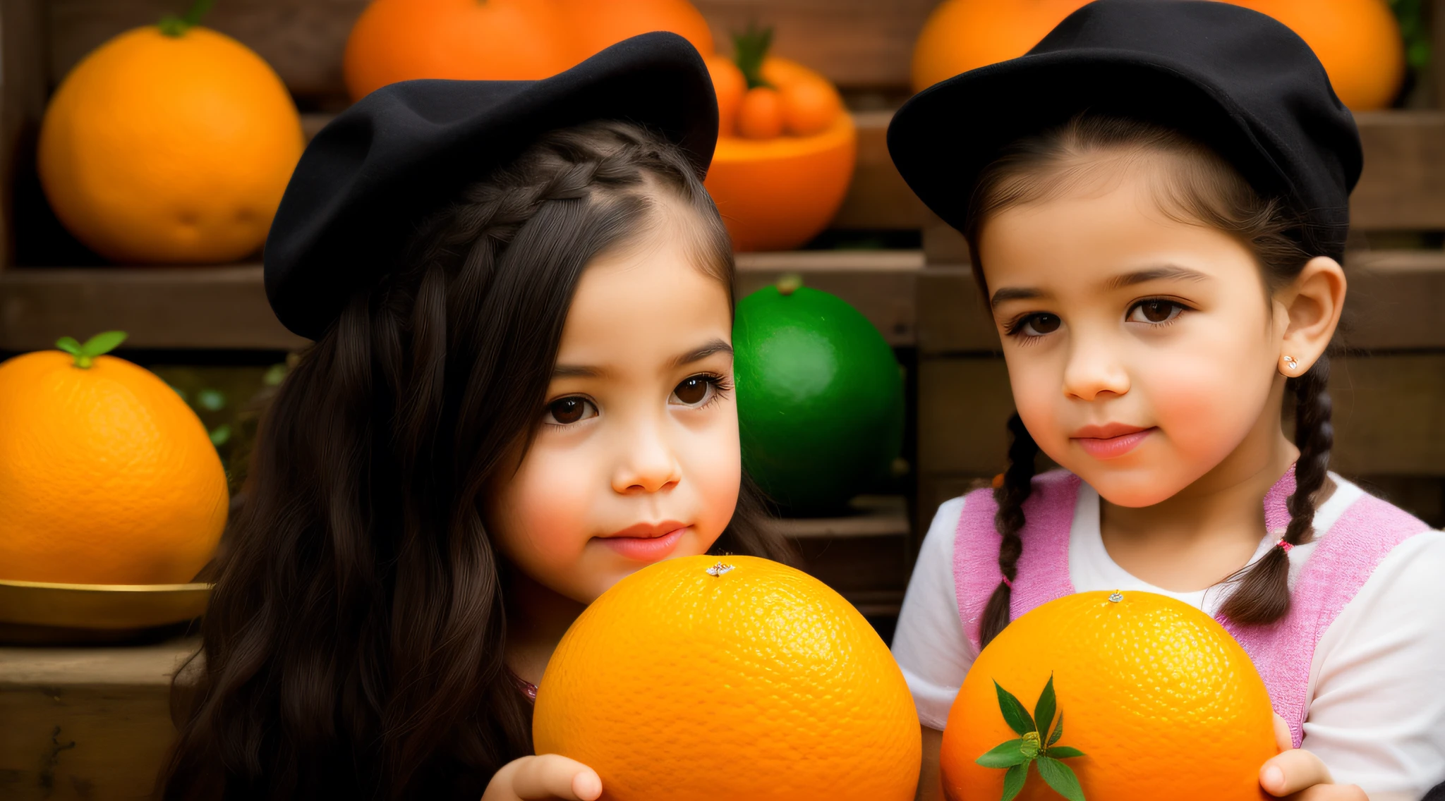 estilo russo, Girl children, portrait , DARK long hair braids with hat, estilo fazendeira, com rolos de feno e trigo e cavalo, celeiros, ORANGES.