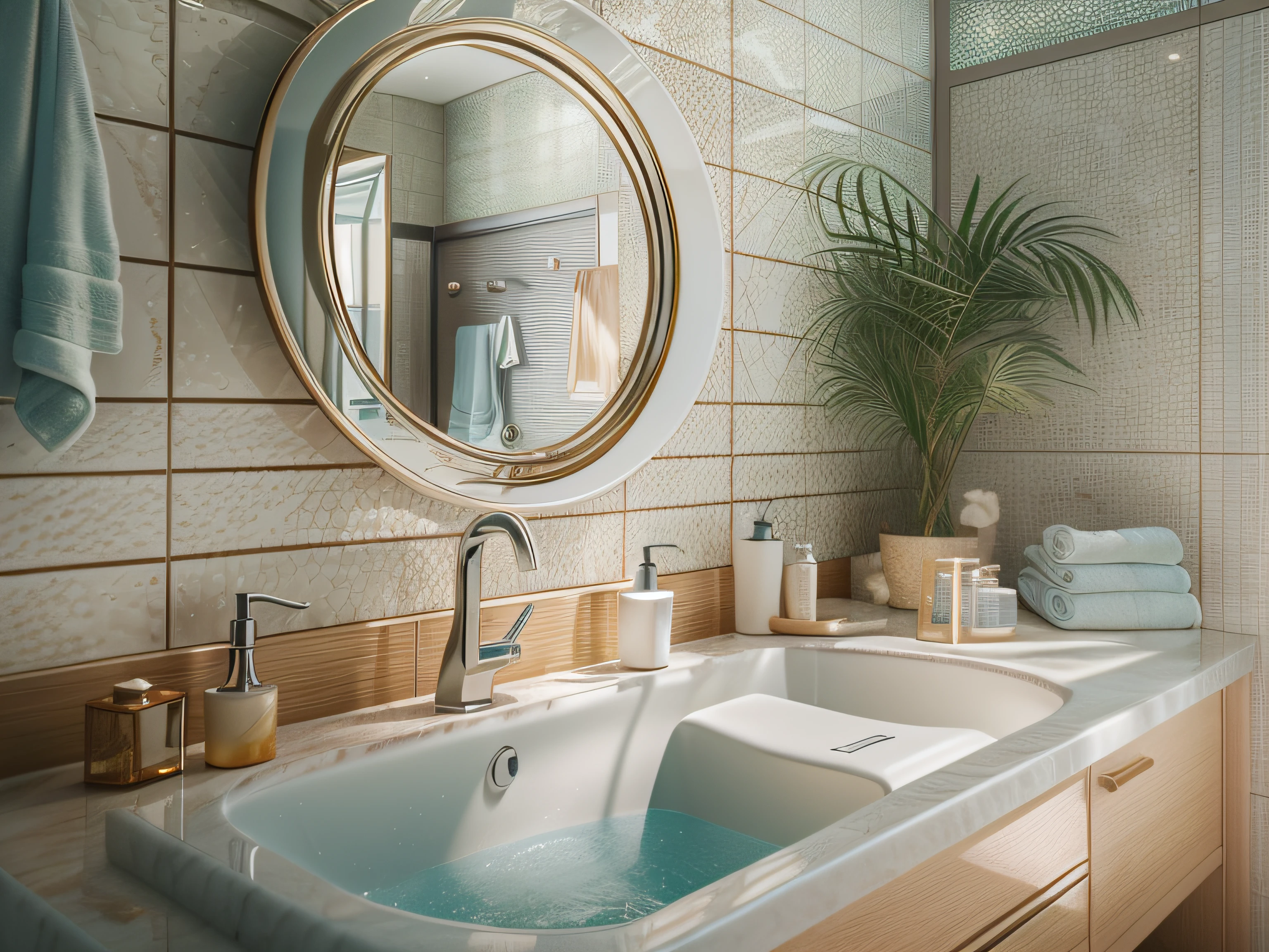 High-detail RAW color photography, Bathroom in a modern style, (higly detailed, hyper-detailing), particle fx, ray traced, 电影灯光, Shallow depth of field, photographed with Sony a9 II, 50mm wide angle lens, sharp-focus