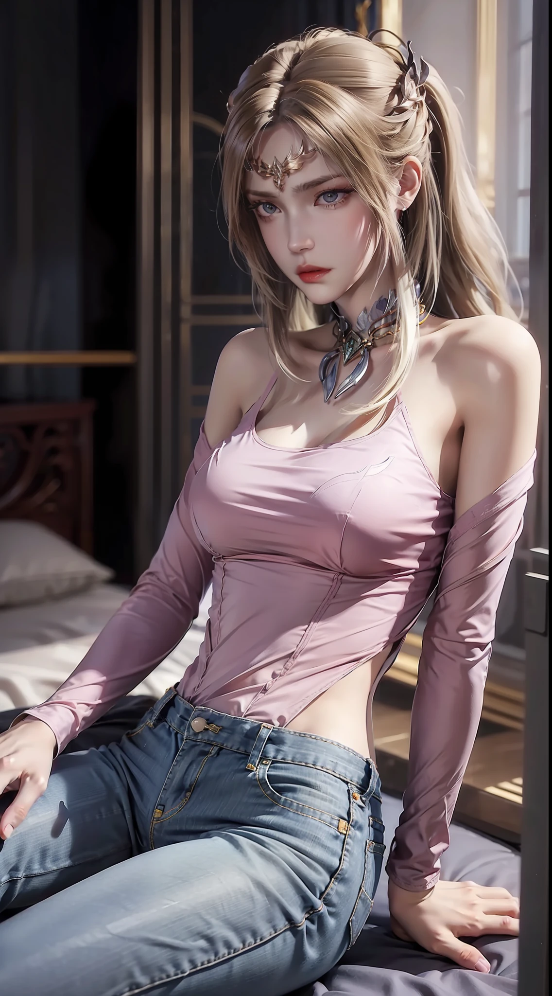 ((high qulity)), ((tmasterpiece)), 8K, ,long leges,Lying in bed,Long jeans trousers Sporty pink top