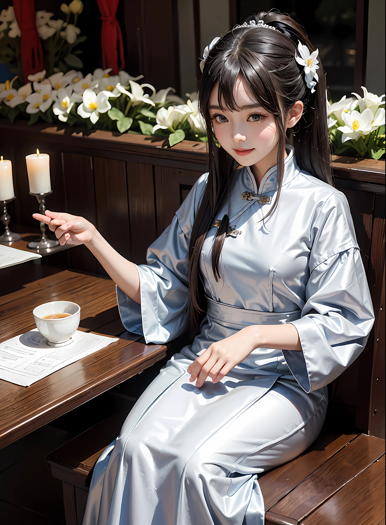 silver and white,chinese palace,1little girl,lily,ponytails,brunette color hair,By bangs,Long chinese dress,flower,9-year-old female model,Princess,Smile,