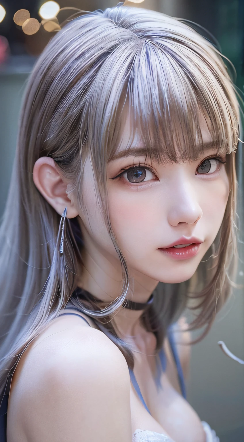 (Thin eyebrows)、(((((Closed mouth)))))、((Very strong sunlight))、((((Beautiful silver hair))))、((small head))、(Beautiful silver hair with short wavy:1.2)、FULL BODYSHOT、(((8K, Raw photography)))、 (((The face is Enako of a cosplayer))),(Shot from above in highly detailed 8K)、(extremely delicate and beautiful)、(​masterpiece)、(top-quality:1.0)、(超A high resolution:1.0)、realistic shadow、[hight resolution]、 Detailed skin、ultra-detailliert、(Beautiful hair)、Photorealsitic、Lifelike face、big breasts thin waist、realisticeyes、Small eyes、(((between breasts)))、(eye liner)、(mascara)、 Lips with pink lips、((Looks very happy))、Show shoulders、Complex patterns and transparent materials、Artistic depiction of seductive women, Emphasizes her charming silhouette。The scene is、Basking in the hot sun、It makes you feel the delicate beauty and charm of nature。(((intricate detailes))、high détails、gargantilha、NSFW,((top-quality、8K、​masterpiece:1.3))、Crisp focus:1.2、 (((Enameled purple and silver corset)))、(beaming)