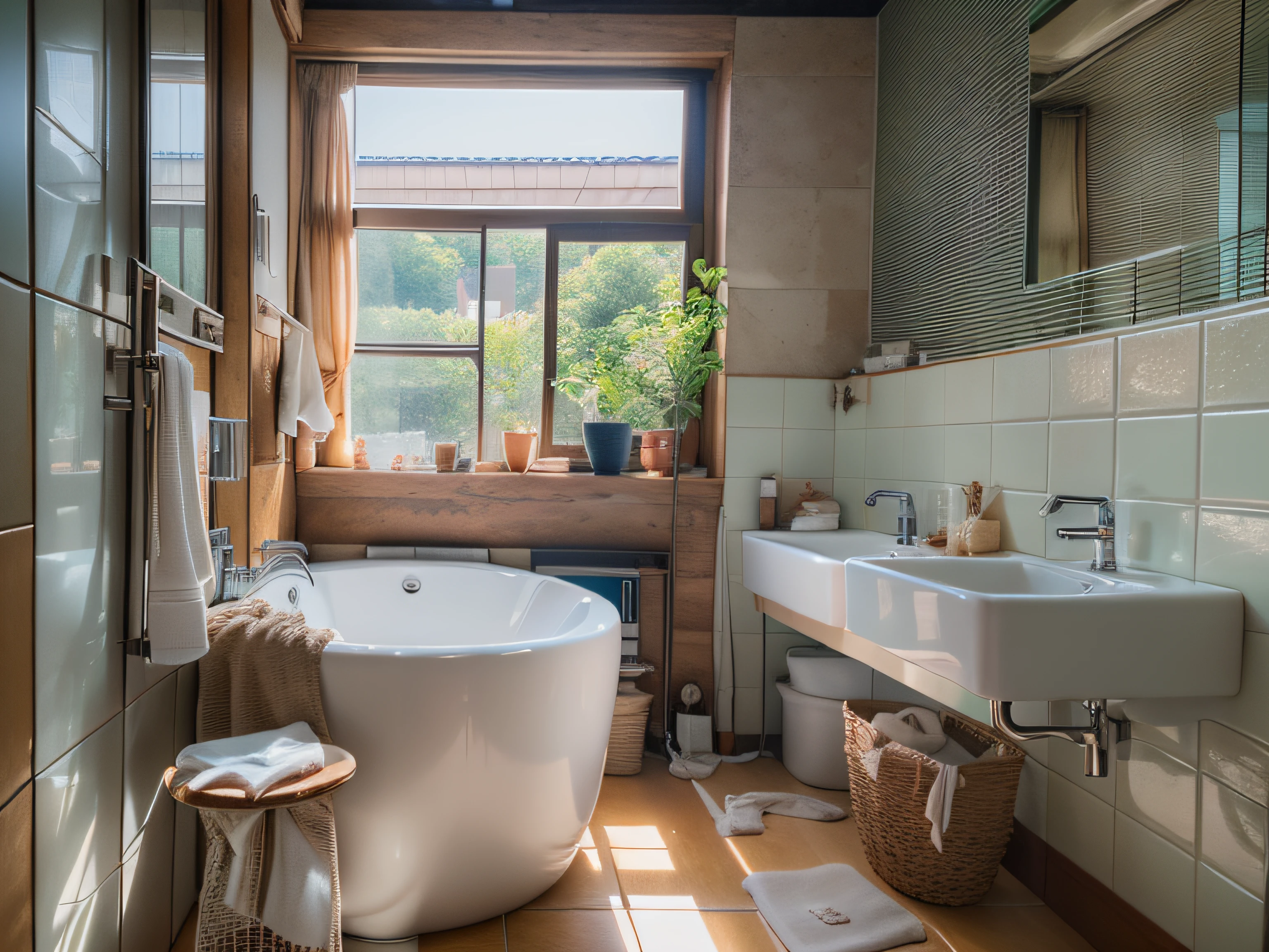High-detail RAW color photography, Bathroom in a modern style, (higly detailed, hyper-detailing), particle fx, ray traced, 电影灯光, Shallow depth of field, photographed with Sony a9 II, 50mm wide angle lens, sharp-focus