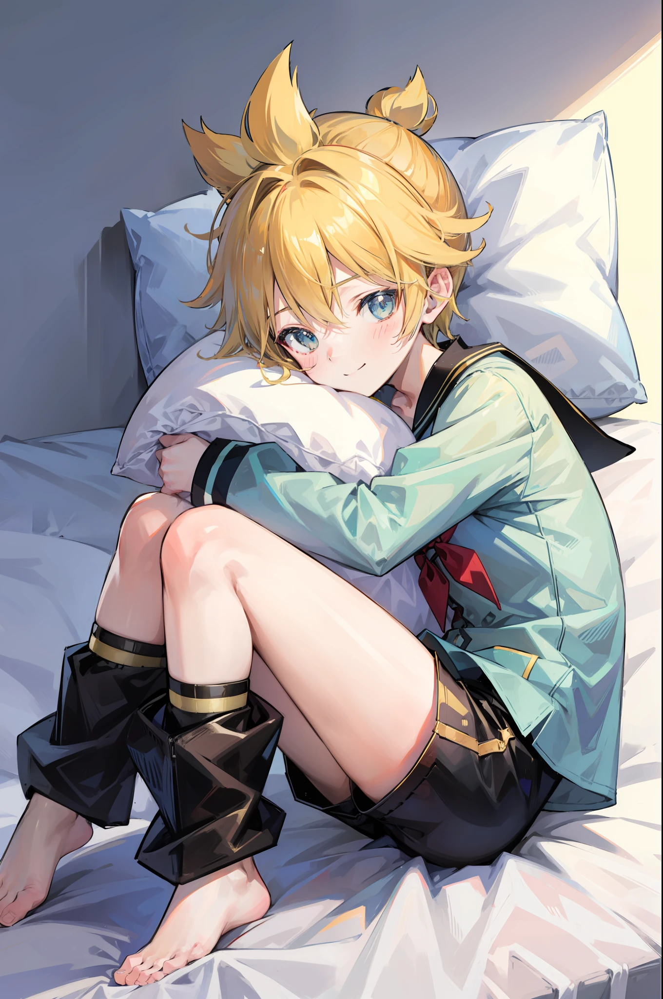best quality, ultra precision, (one boy), (Len_Kagamine), blond hair, cowlick, on bed, character focus, black short pants, sailor uniform, innocent, slender, blush, cute, cool, smile a little, happy, handsome, he loves you, ager, high school student, lying on bed, full body, sleep with you, (hugging pillow), male model, sexy