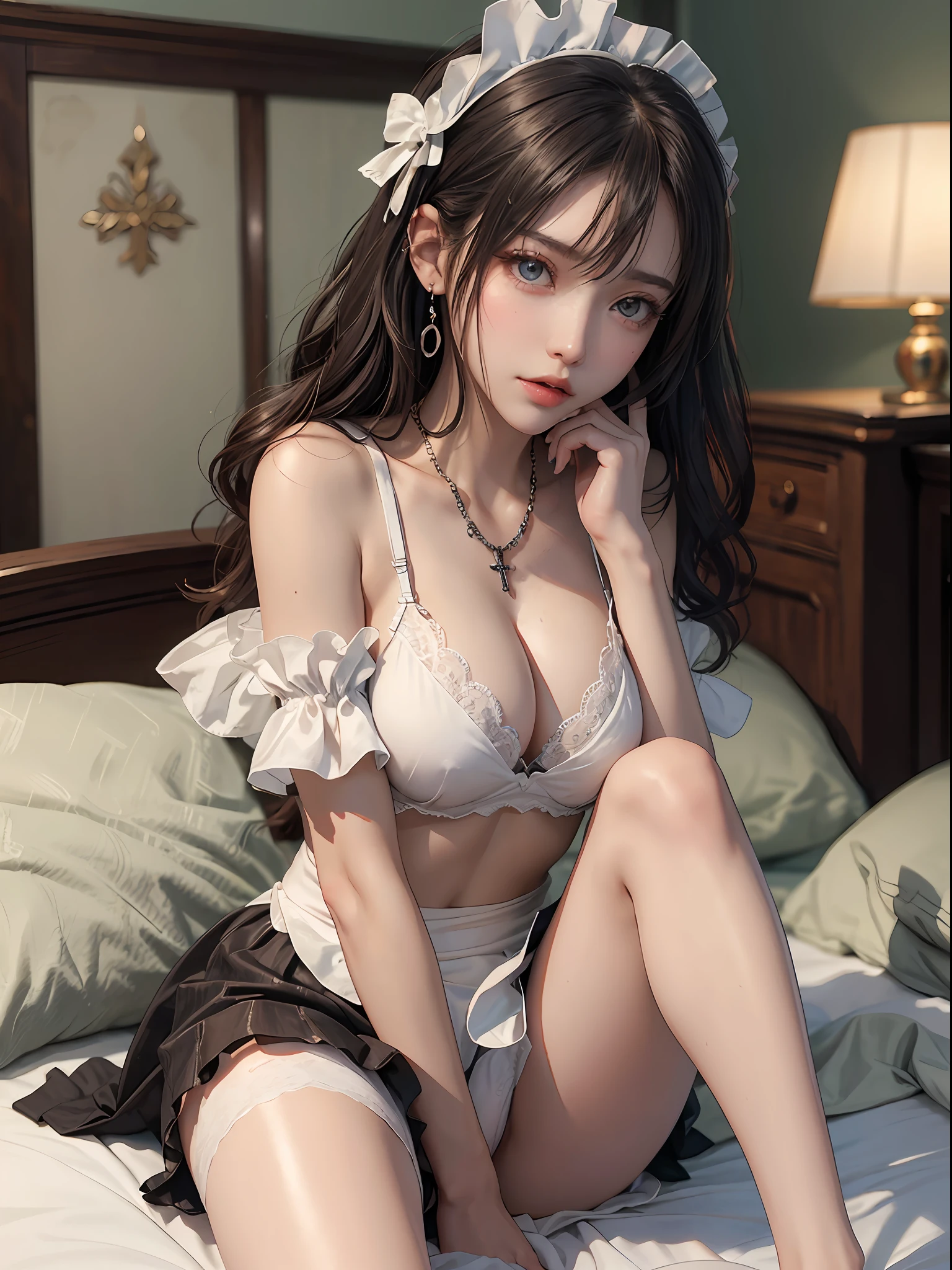 (masutepiece: 1.3), (max resolution: 1.2), (Ultra HDTV: 1.2), cinematric light, Detailed eyes and skin, detailed facial features, , 8K resolution, (Sharp Focus: 1.2, Perfect Style, Beautiful face, acurate, Anatomically correct, Highly detailed face and skin texture, Detailed eyes, Double eyelids, Thin eyebrows, Glitter Eyeliner: 1.2, Natural cheeks, Glossy skin, Fair skin: 1.2, shiny little necklace and earrings, (Glossy lips: 1.4), (maid clothes:1.2)、 (Shy look: 1.2),Neat and clean woman 、 (Focus on Face:1.2), (upturned breasts),), Highly detailed facial and skin texture, Detailed eyes, Double eyelids, Natural cheeks, Green-gray eyes,Rosary Necklace、 shiny small earrings, shiny lips: 1.4,Exposed cleavage、(A large amount of sperm in the chest:1.4)(Large amount of sperm in the thighs:1.2)、red blush、Tears are embarrassing、White underwear、White bra、Open knees、open one's legs、Masturbation behavior、Disheveled clothes、Dressing、Exposed panties、Wearing sweat、sodden、Sheer underwear、humiliated、impatience、dismay、Frightened、glares、blue eyes、Full-body angle of view、from the front side、red blush、 18 instars, Small、(a sailor suit:1.5)、Black brown hair,Wavy Hair、 Semi-long hair, (at bedroom: 1.2), (She is sitting on the floor:1.2.)、Late night bedroom、Dark bedroom、