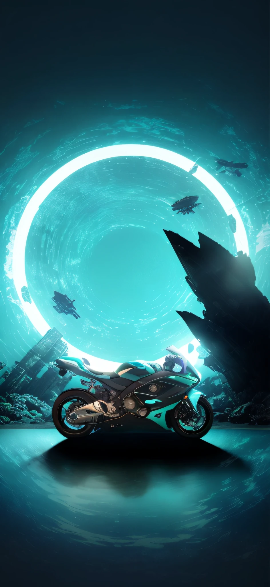 There was a motorcycle sitting in the water tunnel, cycles 3 d render, cycles4d render, cycle render, 4k solarpunk wallpaper, cycles render 4k, Drift in space, cryo engine, Futuristic motorcycle, portal in space, sitting on cyberpunk motorbike, majestic interstellar portal, 8k octane 3d render, star citizen halo, Cyan atmosphere