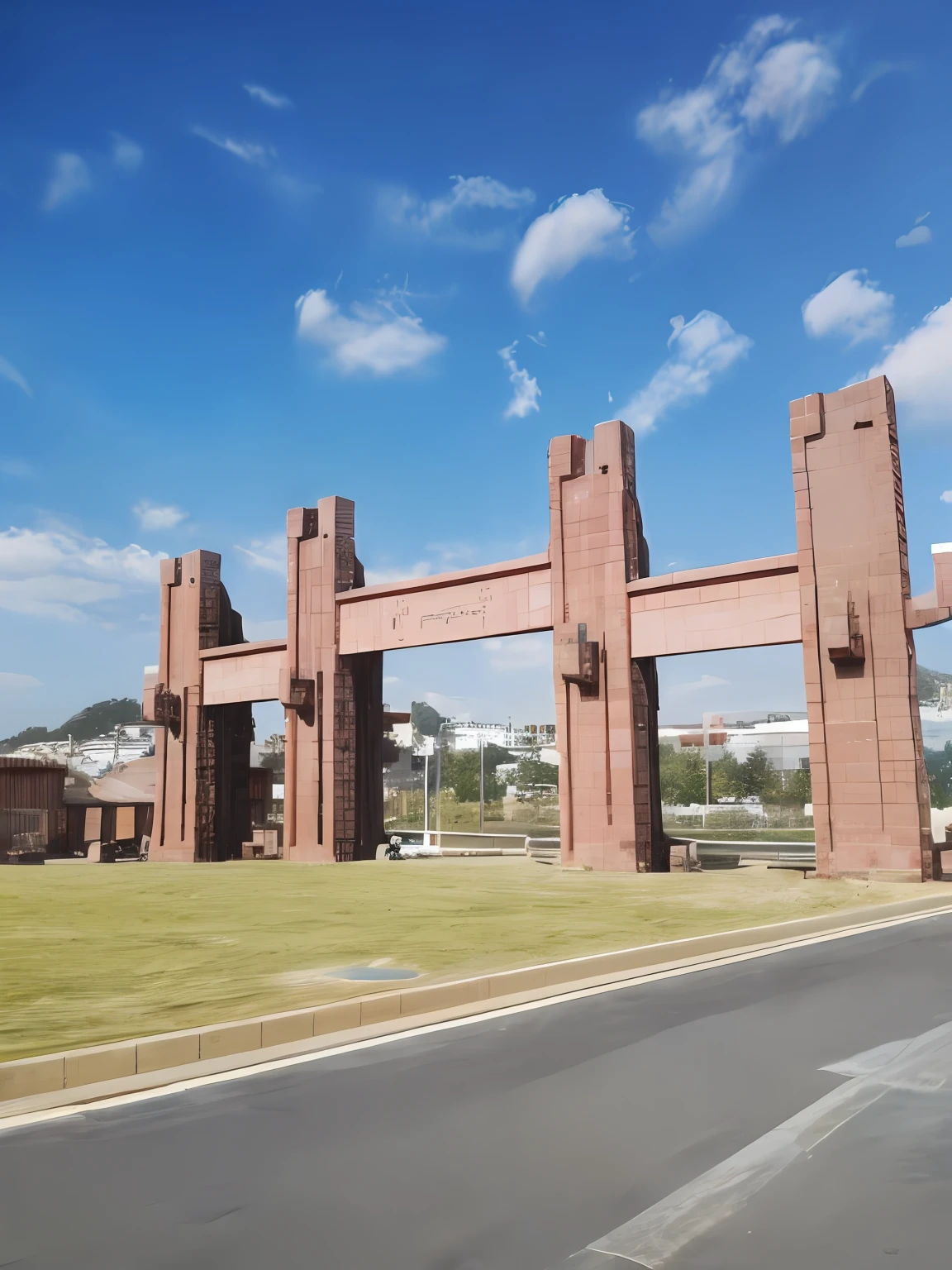 There is a large brick structure，There is a sign on it, fortress gateway, huge gate, Gate, large gate, gate, gateway, baotou china, Beautiful image, Torii gate, Masterpiece works of art, Archway, ancient city of white stone, sangyeob park, jinyiwei, an archway, red sandstone natural sculptures，sense of science and technology，Future wind，cyber punk perssonage，sci-fy。