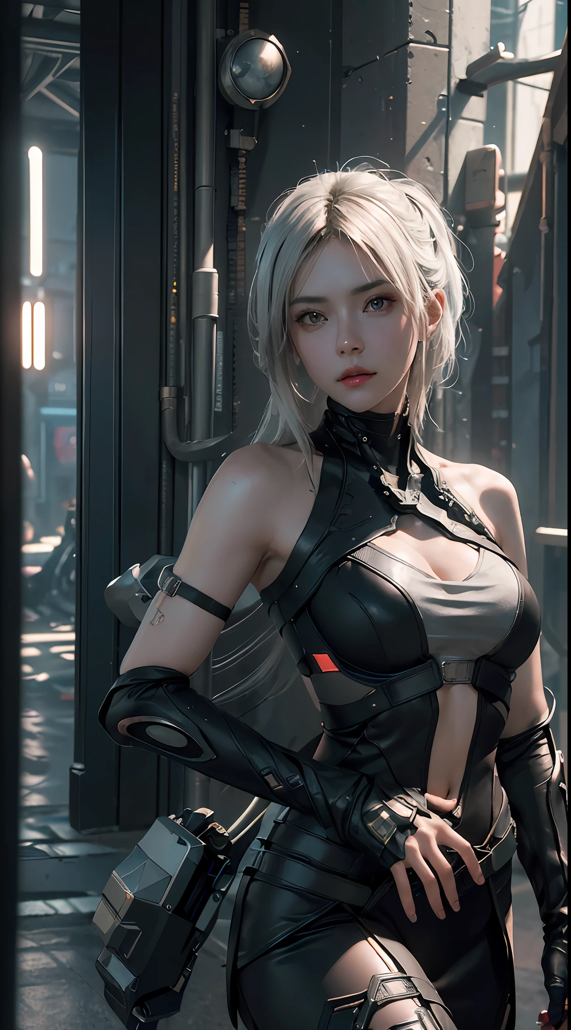 (Best Quality), ((Masterpiece), (Detail: 1.4), 3D, A Beautiful Cyberpunk Woman, HDR (High Dynamic Range), Ray Tracing, NVIDIA RTX, Super-Resolution, Unreal 5, Subsurface Scattering, PBR Textures, Post-Processing, Anisotropic Filtering, Depth of Field, Maximum Sharpness and Clarity, Multi-layer Textures, Albedo and Highlight Maps, Surface Shading, Accurate simulation of light-material interactions, perfect proportions, Octane Render, two-color light, large aperture, low ISO, white balance, rule of thirds, 8K RAW