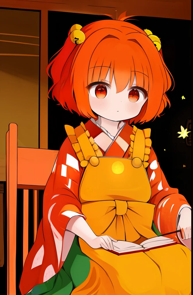 masterpiece, best quality,motoori kosuzu, touhou, orange hair,red eyes,short hair,bell headdress,red and white kimono,green long skirt,yellow apron,study,sitting on the chair,sitting behind the desk,books,lamp,