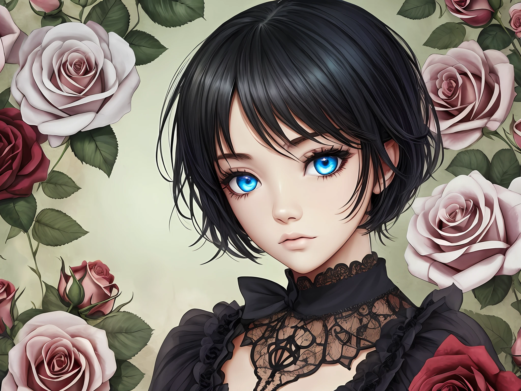gothic, roses, blue eyes, black short hair, ivory skin, --auto --s2