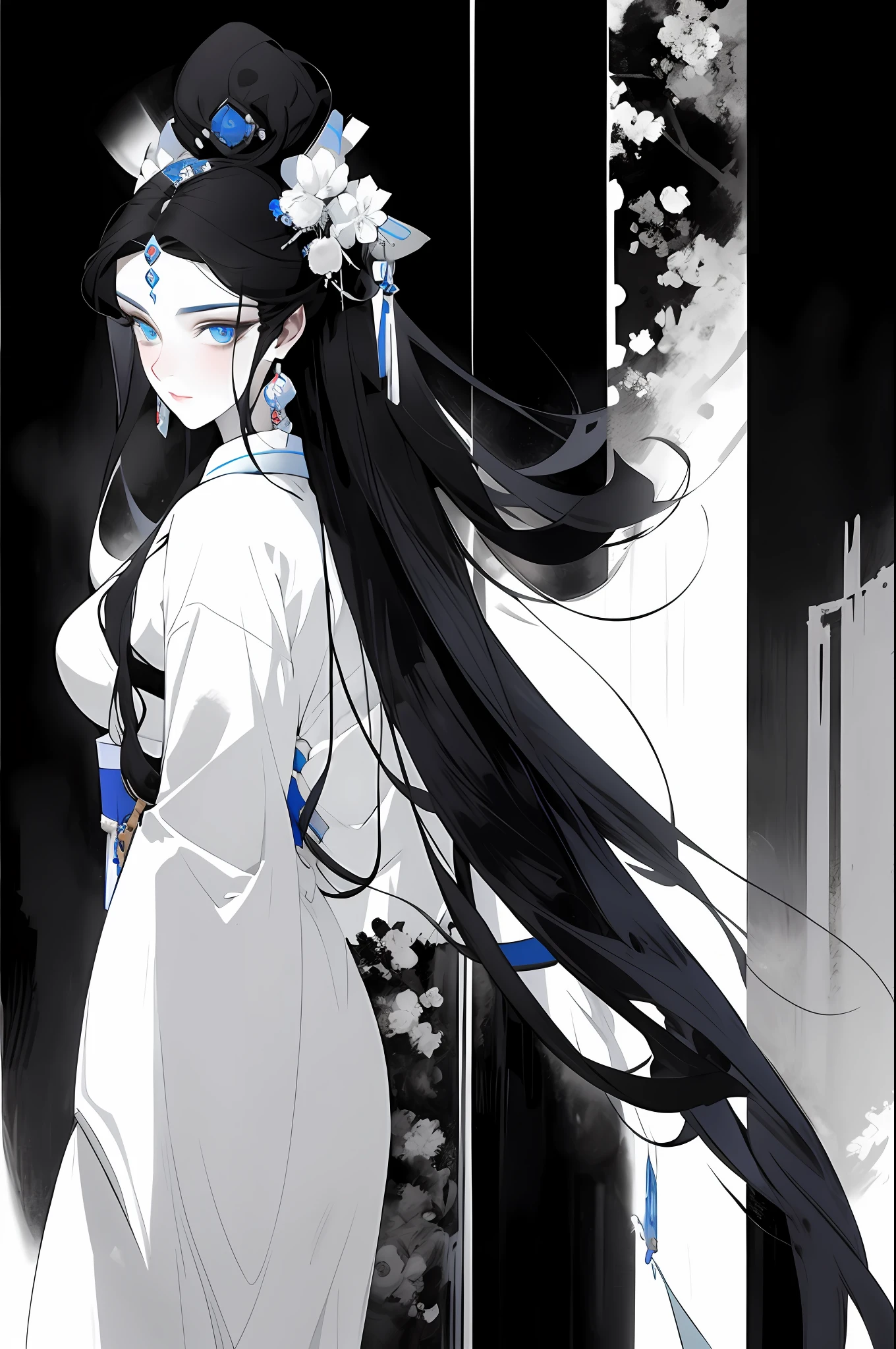 （Beautiful girl dressed in white），Full body standing painting，Wide sleeves，watery big eyes，Beautiful face and smooth fair skin，s delicate face，cabelos preto e longos，An ancient Chinese beauty，wearing ancient Chinese costume，gossamer，Vivid and bright colors，Vibrant digital illustration，（clean backdrop），Ink painting style，Clean colors，Decisive cut，A white space，tmasterpiece， Ultra-delicate，Epic composition，high high quality，HighestQuali，4K