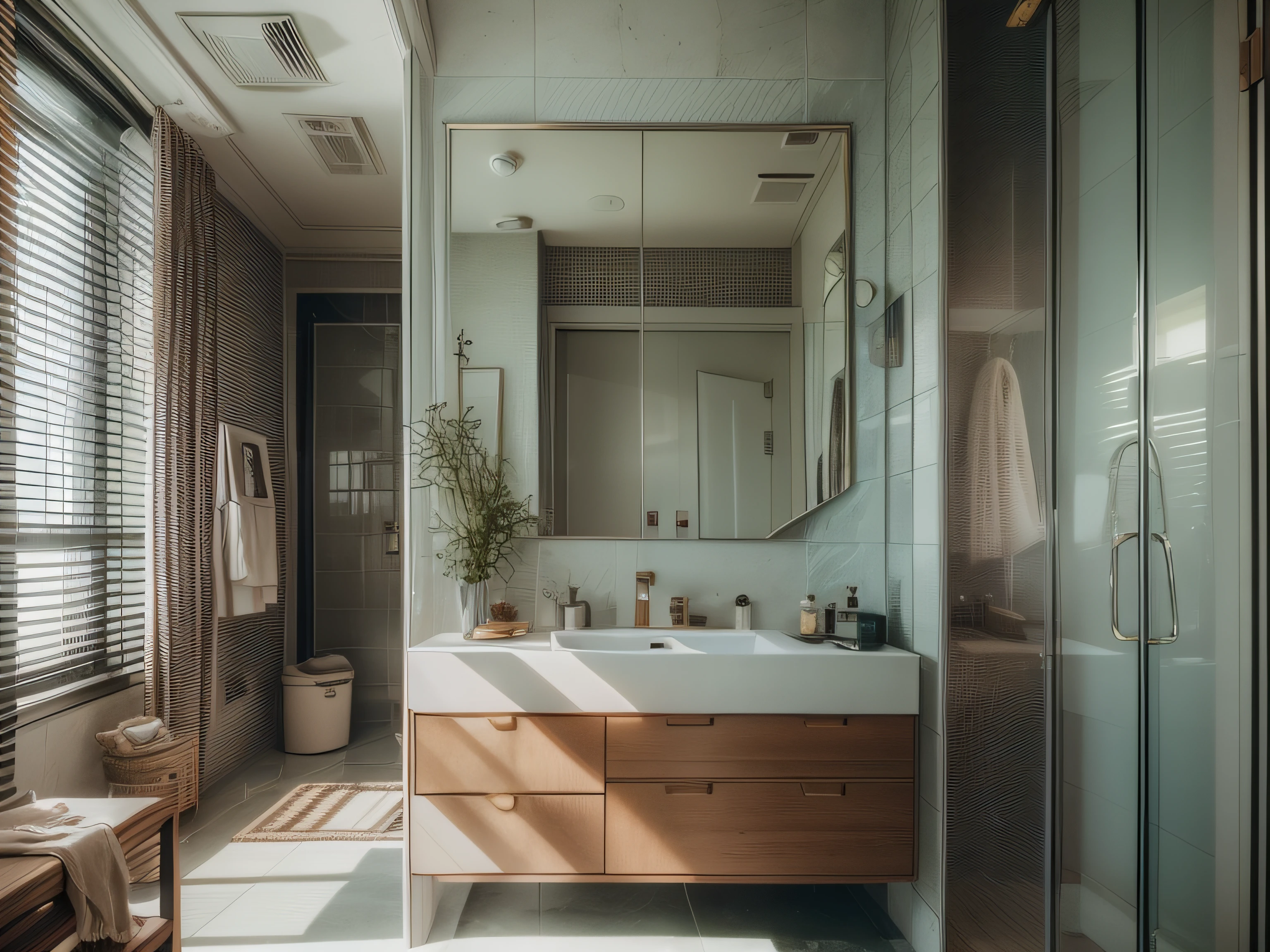 High-detail RAW color photography, Bathroom in a modern style, (higly detailed, hyper-detailing), particle fx, ray traced, 电影灯光, Shallow depth of field, photographed with Sony a9 II, 50mm wide angle lens, sharp-focus