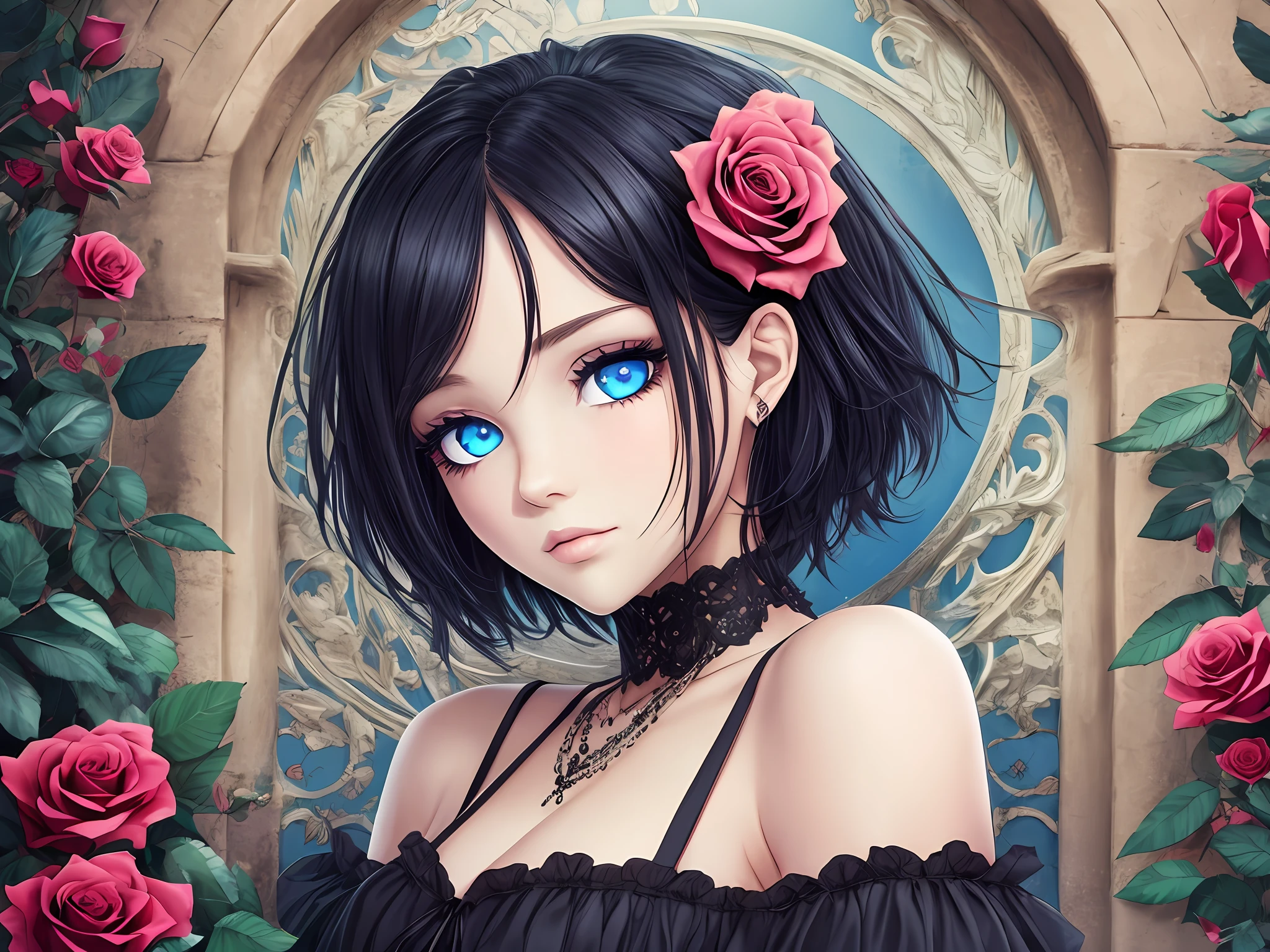 gothic, roses, blue eyes, black short hair, ivory skin, --auto --s2