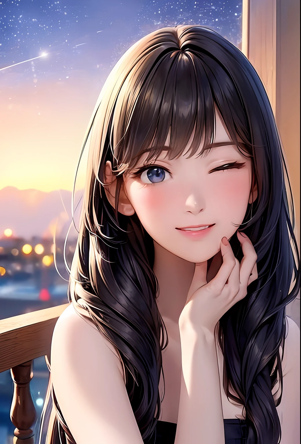 (8k, top quality, masterpiece: 1.2), (realistic, photorealistic: 1.37), super detailed, girl single, cute, solo, midnight, beautiful detailed sky, detailed café, sitting, date, (blush), (smile: 1.15), small breasts (mouth closed), beautiful fine eyes, floating hair NovaFrogStyle, back open dress