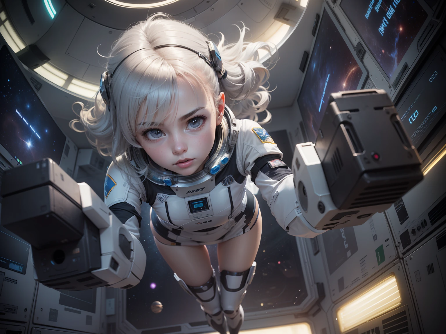 (Strong blur on background), a girl, space station vore station, card game illustration, white floor, she is floating in the air, her hair is silver, an escape room in a small, girl wearing robotic suit, anime. soft lighting, android, official character illustration, realistic, in detail, cup in the air, brown water in the air, internal, indoor,