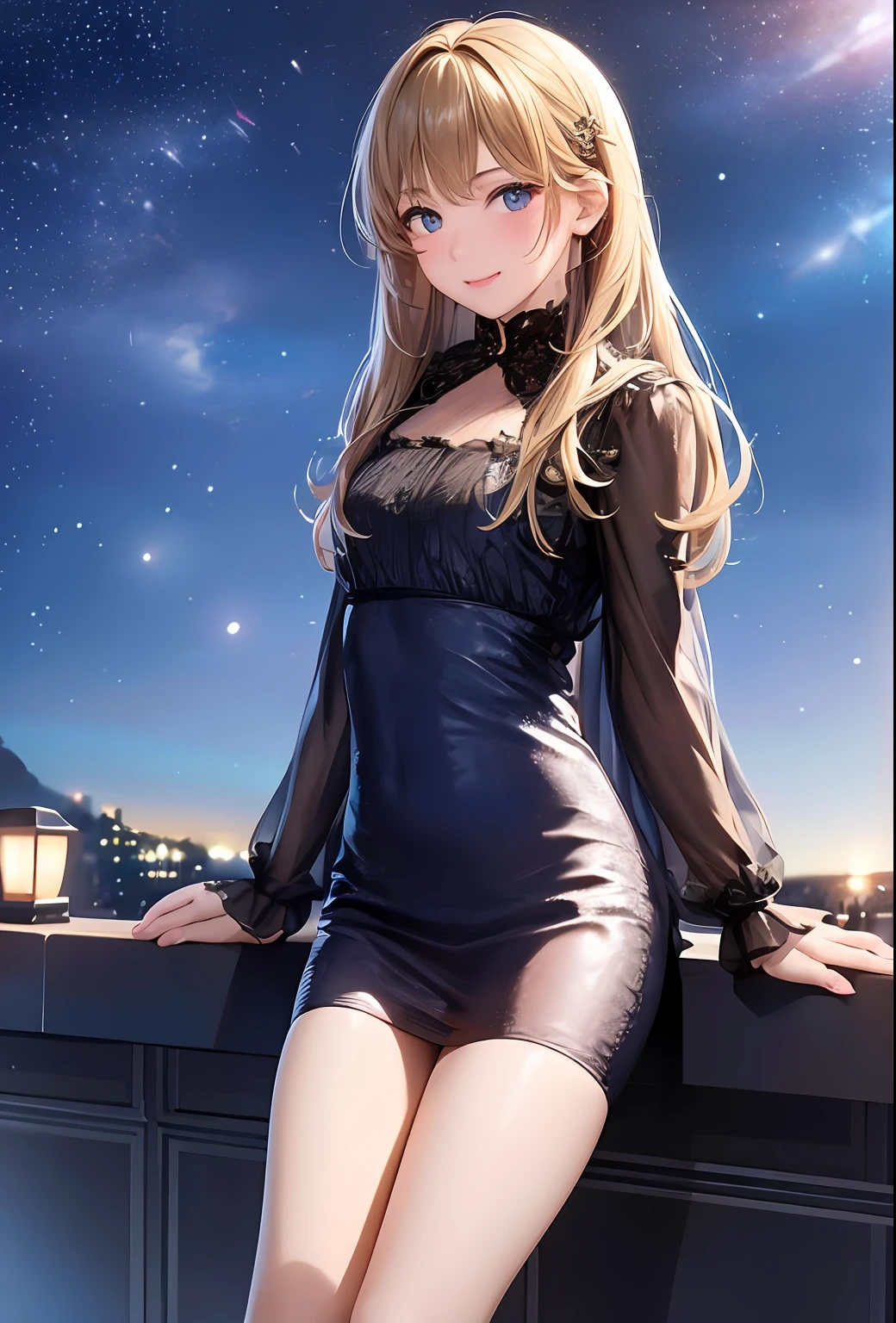 (8k, top quality, masterpiece: 1.2), (realistic, photorealistic: 1.37), super detailed, girl single, cute, solo, midnight, beautiful detailed sky, detailed café, sitting, date, (blush), (smile: 1.15), small breasts (mouth closed), beautiful fine eyes, floating hair NovaFrogStyle, back open dress