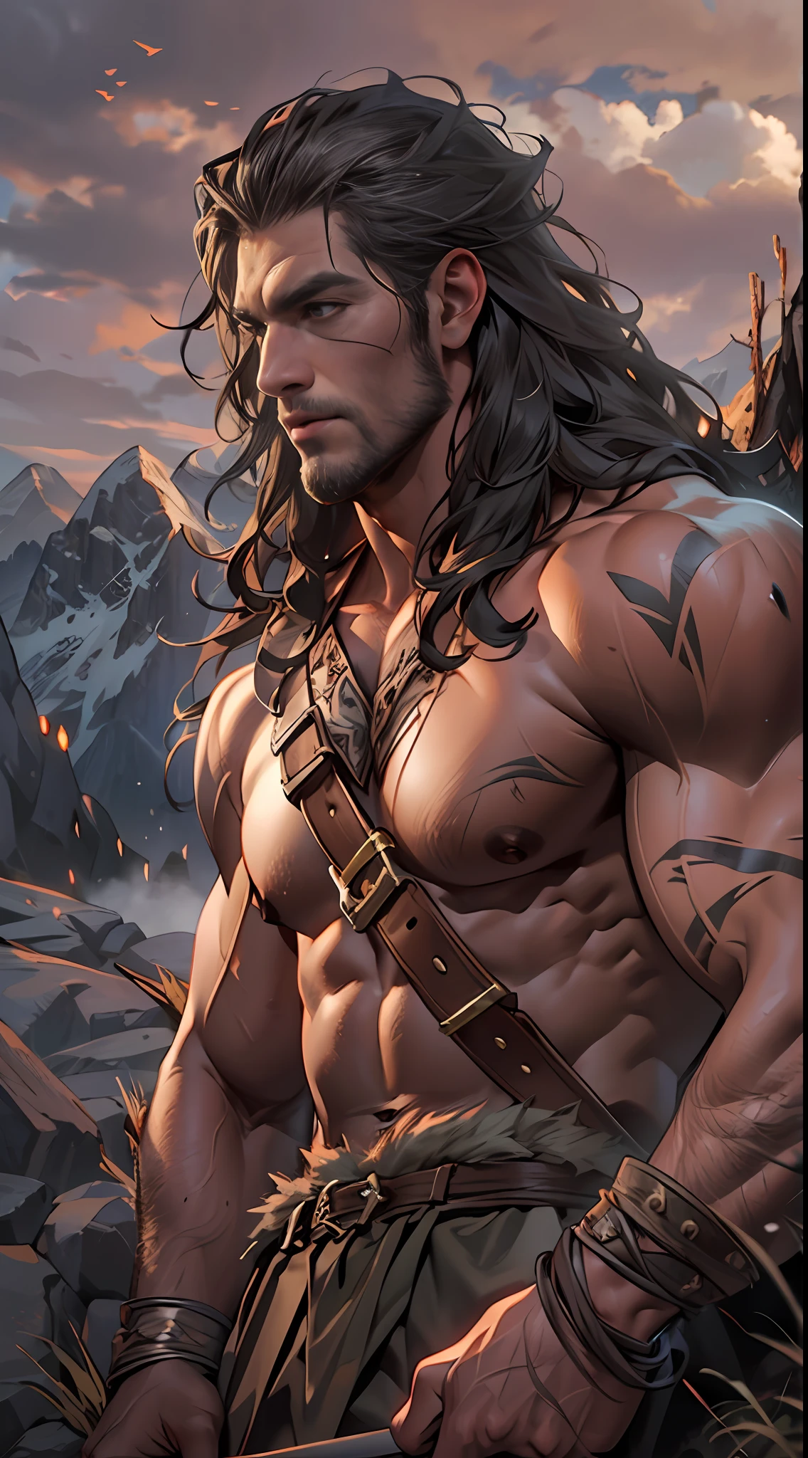 Muscular barbarian, upper body unclothed, legs uncovered from thighs to feet, flowing long curls, detailed muscular physique, lifelike representation, 4K resolution. Background: Wild untamed wilderness with rugged mountains,32k uhd, best quality, masterpiece, super detail, high details