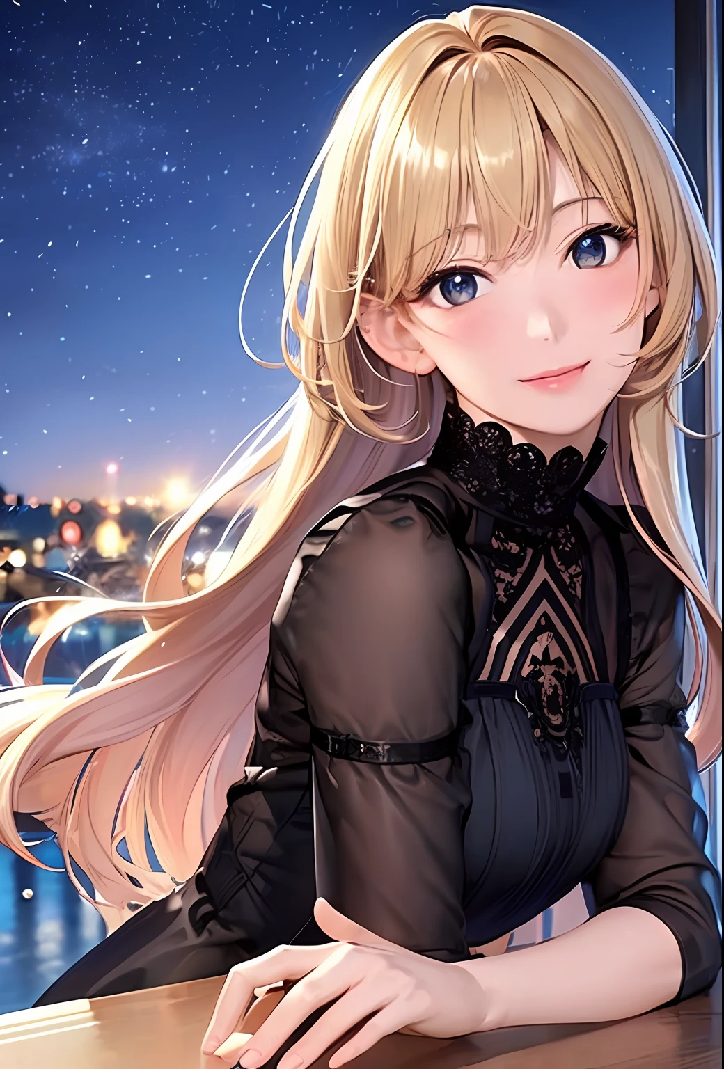 (8k, top quality, masterpiece: 1.2), (realistic, photorealistic: 1.37), super detailed, girl single, cute, solo, midnight, beautiful detailed sky, detailed café, sitting, date, (blush), (smile: 1.15), small breasts (mouth closed), beautiful fine eyes, floating hair NovaFrogStyle, back open dress